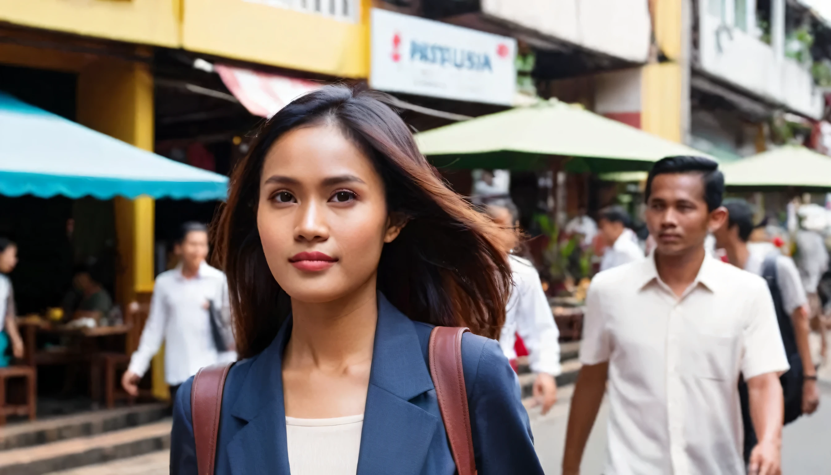 close up half body, beautiful indonesian woman walking in front of indonesian restaurants among buzy pedestrians