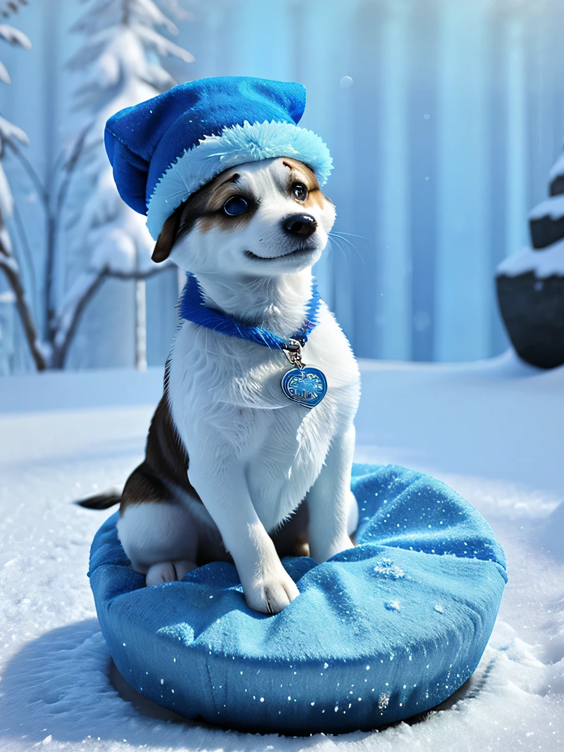 3D art like "Frozen", A cute dog with blue hat, is meditating