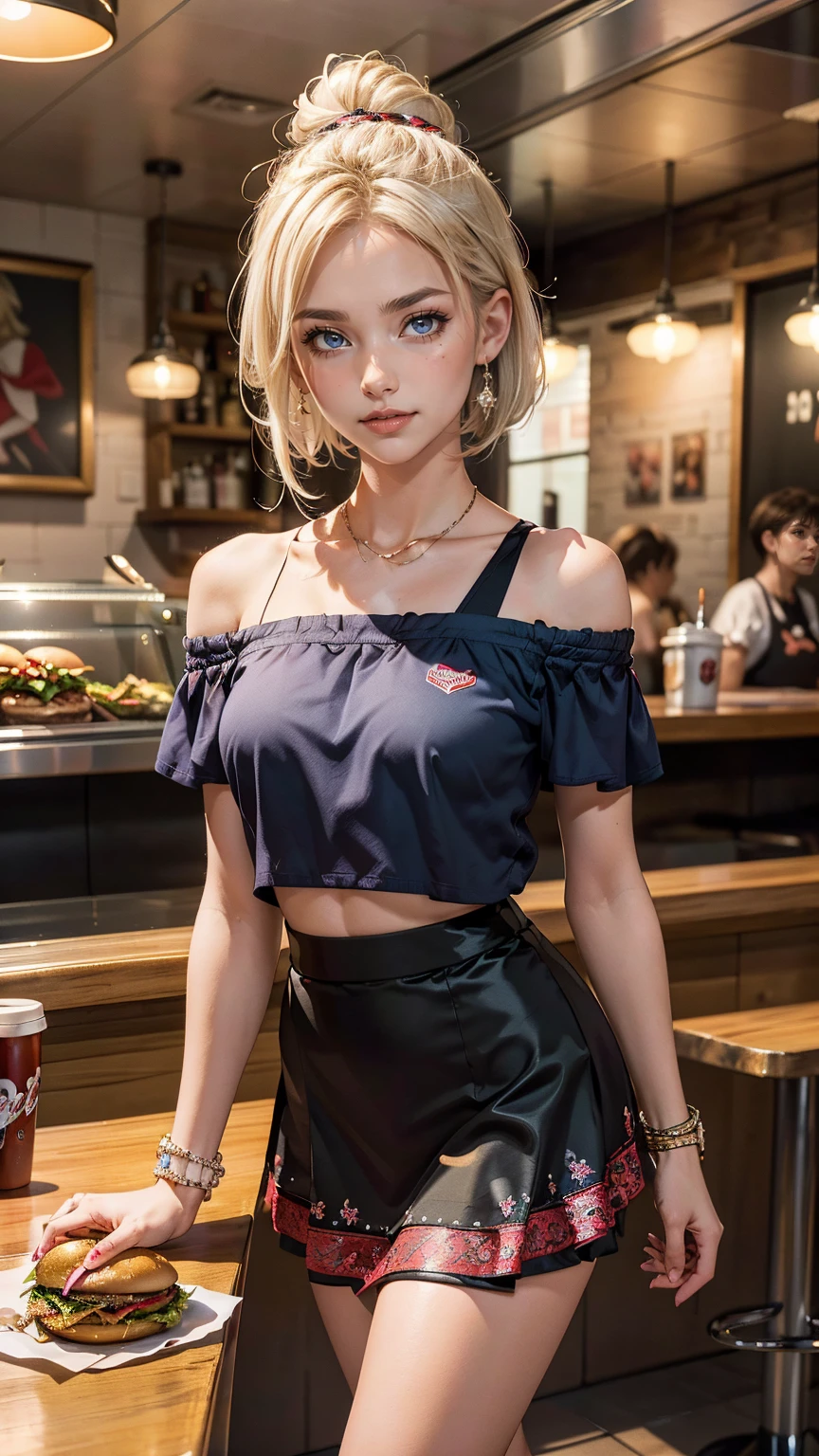 ((最high quality, 8K, masterpiece: 1.3, Ultra HD, high quality, 最high quality, High resolution, realism)) 、25 year old white woman、platinum blonde、blue eyes、I'm setting my hair、smile、Slender but well-proportioned muscular body、Athlete-like body type、I don't want my head to disappear from the screen.、Wearing red nail polish、I have a peticure、Wearing accessories on your wrist、Wearing off-shoulder topini length flared skirt((flared skirt))I'm wearing it、スニーカーI'm wearing it、I'm in a 60's American style burger joint.、smile