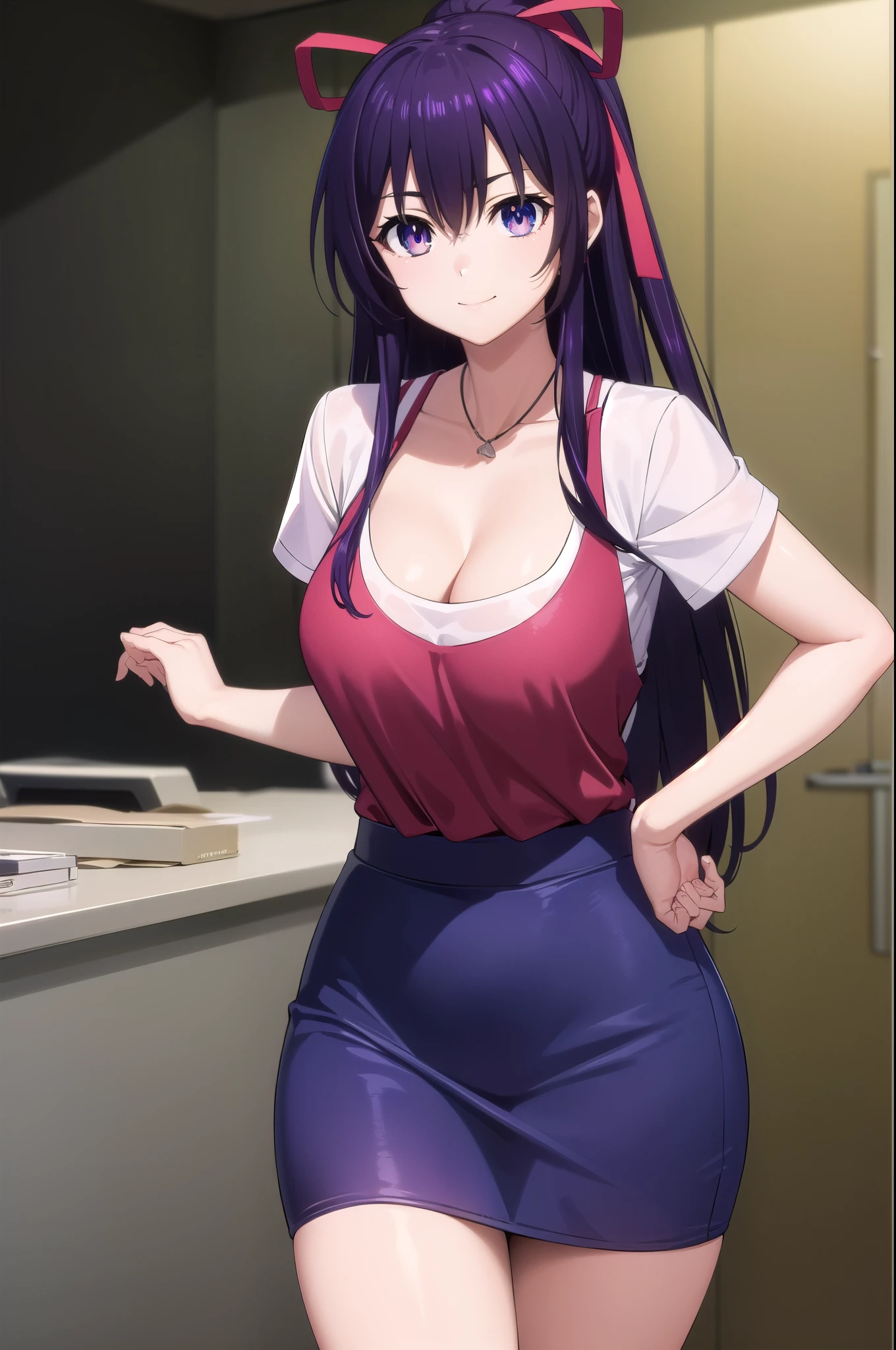 tohkayatogami, tohka yatogami casual, long hair, purple hair, alluringly smile, dress, red dress, tight dress, office work dress, classy dress ,  v neck, cleavage, bubble sleeve , short sleeve necklace, ribbon , white skirt, knee length skirt, tight skirt, purse (purple eyes:1.1), hair ribbon, ponytail, purple hair, white ribbon,g cup breasts, plump butt , high heels 
BREAK ,
BREAK indoors, office, alone, 
BREAK looking at viewer, seduce poses (cowboy shot:1.5),
BREAK (masterpiece:1.2), best quality, high resolution, unity 8k wallpaper, (illustration:0.8), (beautiful detailed eyes:1.6), extremely detailed face, perfect lighting, extremely detailed CG, (perfect hands, perfect anatomy),