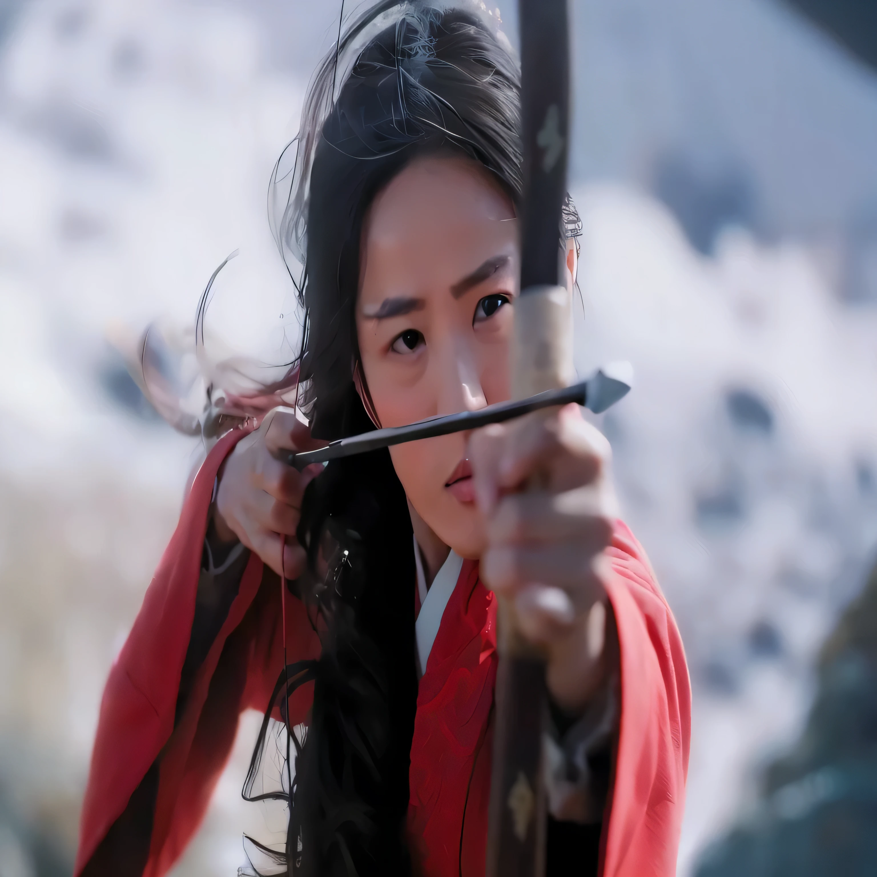 Chinese beauty, with perfect facial features, dressed in red Hanfu, black hair flowing like flowing water, holding a bow and arrow, bending the bow to shoot arrows. The background is the Chinese city walls, with a broad view and a high-definition photography style. The colors are bright, the atmosphere is majestic, and the filming is like a movie