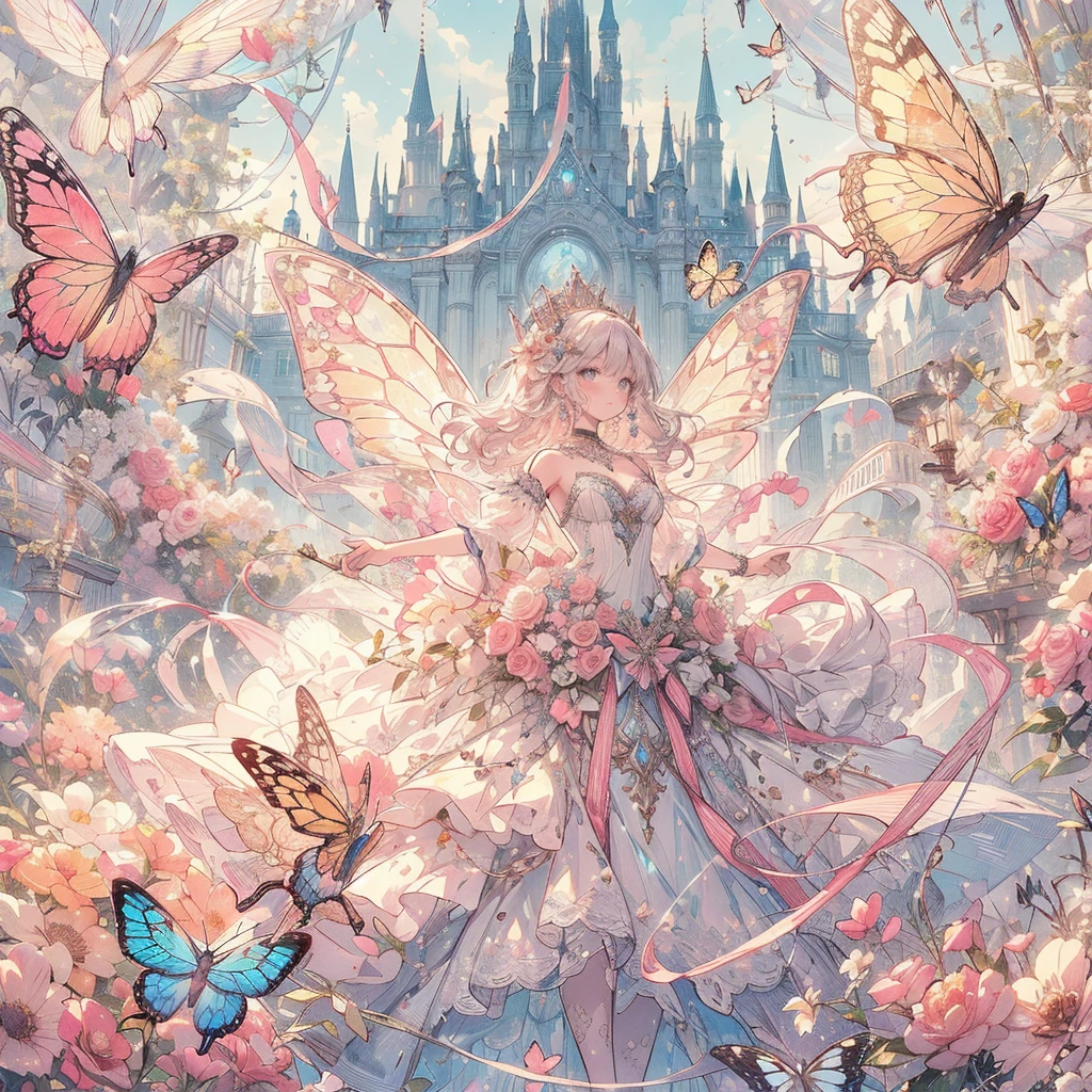 (exquisite, beautiful, very detailed, masterpiece, high quality,High resolution),(soft thin lines:1.2, Beautiful, delicate and pretty face),(Butterfly-like fairy wings growing from her back),from a little far away,body whole,The whole body is reflected,night,A fairy princess is dancing in a gorgeous baroque castle,lots of flowers,Hanabubuki,indoor,(Diamond Tiara, earrings, necklace), ((Gorgeous pastel ball gown dress:1.1, Balloon sleeves,Jewels, ribbons, lace and frills, 背中からbeautiful妖精の羽)), (light pink blush, plump pink lips,big bust,Fair skin, good style),watercolor style