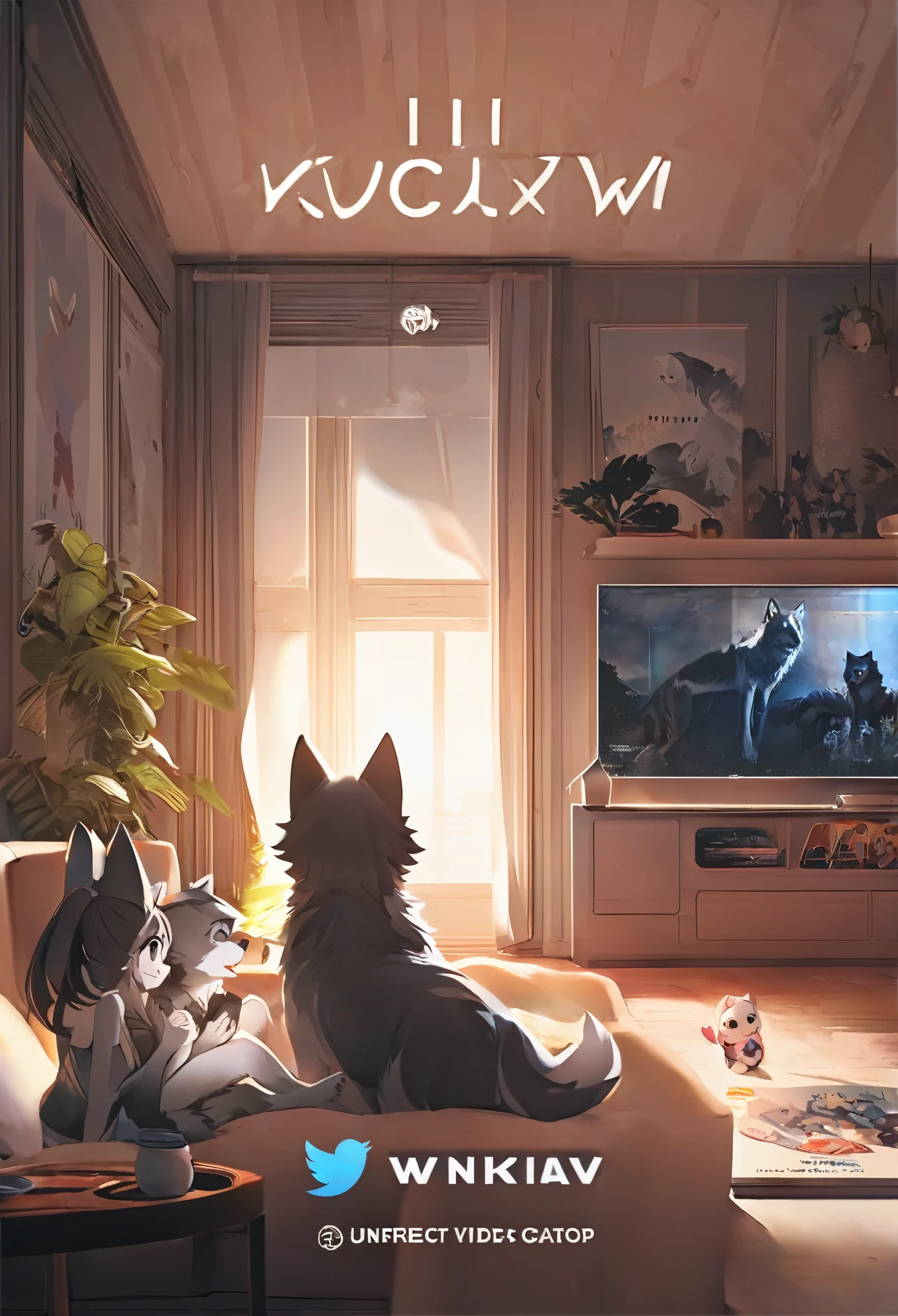 cover page, anime key visual, highres, top quality, best quality, paid reward available, High-quality illustrations, unparalleled masterpiece, perfect artwork, absurdres(home video, 1girl, husband of wolf)family, in house, in room, smile, happy, perfect anatomy, fan-created work shared on platforms Pixiv or Twitter, cinematic lighting,