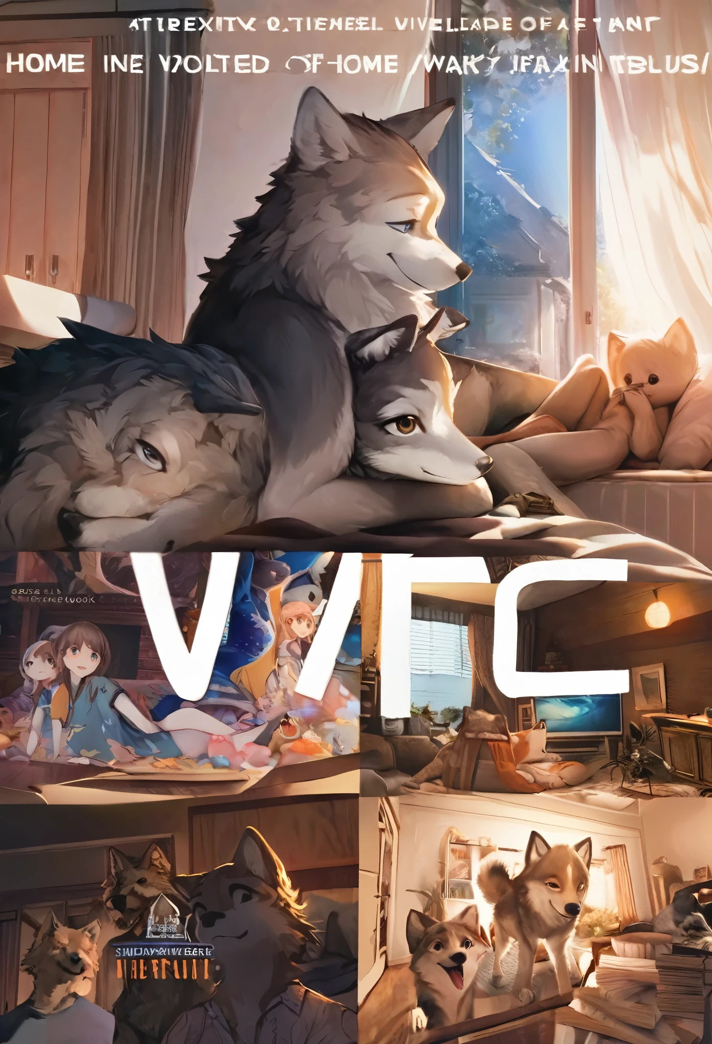 cover page, anime key visual, highres, top quality, best quality, paid reward available, High-quality illustrations, unparalleled masterpiece, perfect artwork, absurdres(home video, 1girl, husband of wolf)family, in house, in room, smile, happy, perfect anatomy, fan-created work shared on platforms Pixiv or Twitter, cinematic lighting,
