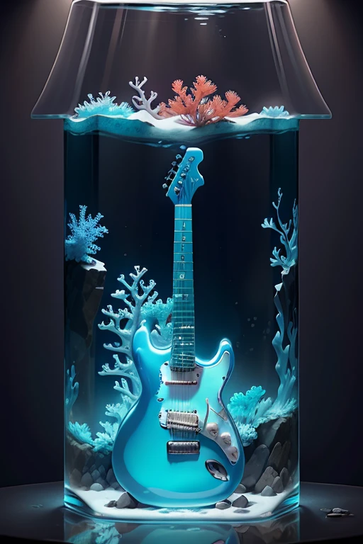 Ultra HD Vivid Color Masterpiece Ultra Cinema Resolution.
A colorful guitar is the centerpiece of this digital image. She was frozen in a transparent glass aquarium, The entire surface of the guitar is covered with a thin layer of ice. The guitar strings are intricately intertwined with the corals and algae growing on the sides and bottom of the aquarium., Forms a vibrant underwater background.
The ice and walls of the aquarium reflect soft blue light，Lighting up the aquarium, Create dazzling effects. Several colorful fishes are swimming around the guitar, Enjoy the beautiful views.
The detail of the image is incredible, The details of each guitar string，The freezing effect of colors is amazing. The picture resolution is 16K, See every detail with stunning clarity.