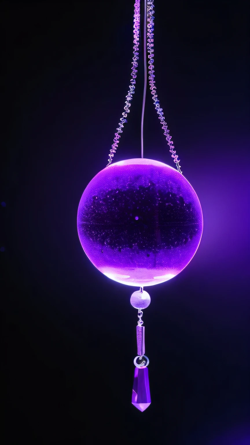 Purple Saturn pendant dangling against a black background