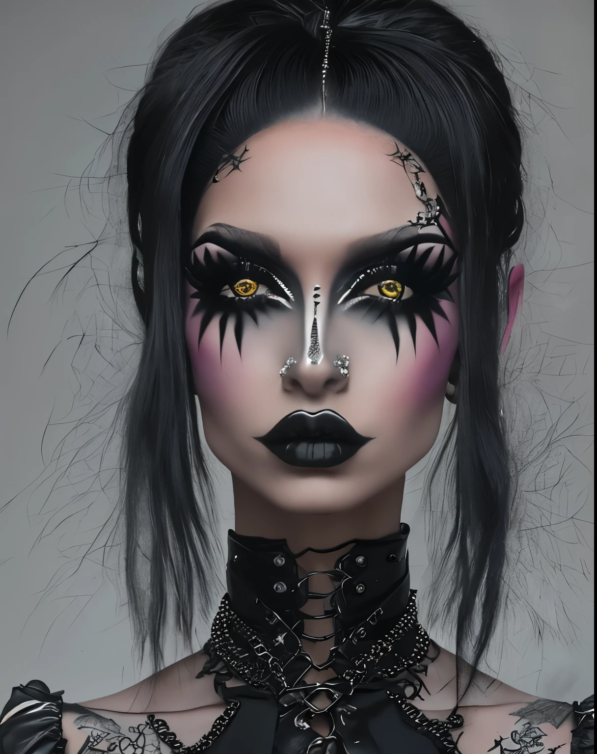 (1mulher) arafada com maquiagem preta e um espartilho preto com um top preto, pale goth beauty, 1 7 - - old h girl, gothic and futuristic, gothic aesthetic, goth girl, cybergoth, neo goth, goth woman, portrait of a goth catgirl, Gothic style, very beautiful goth top model, gothic horror vibes, gothic aesthetic