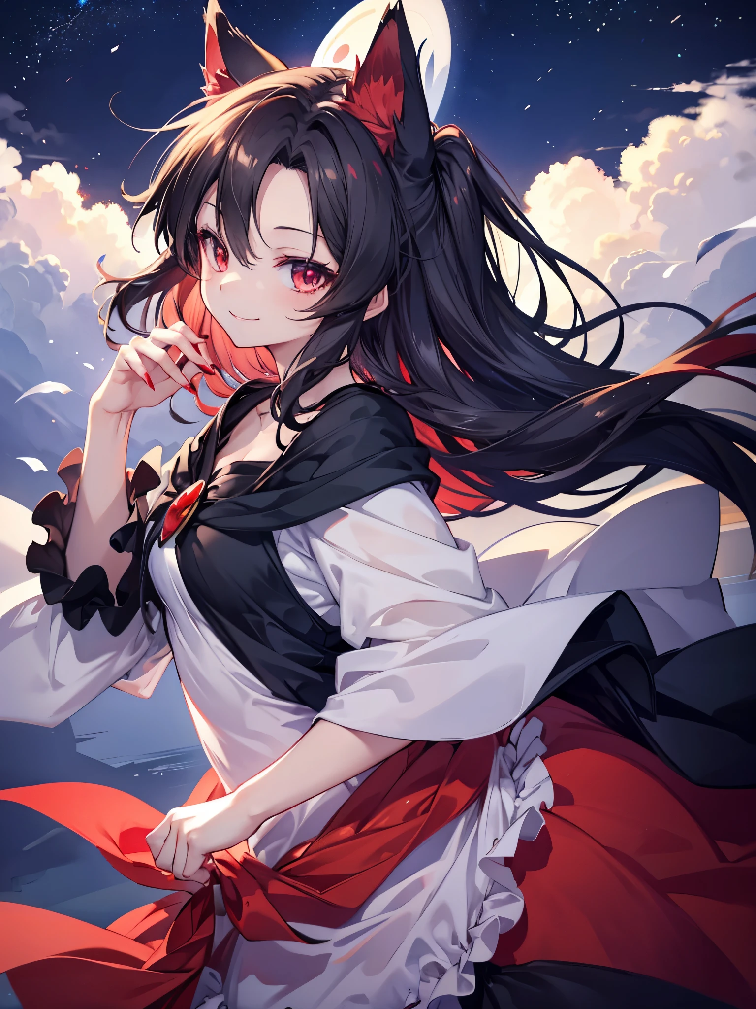 Imaizumi Kagerou、red nails、innocent smile、A childish smile、night sky background、8K、highest quality、high resolution