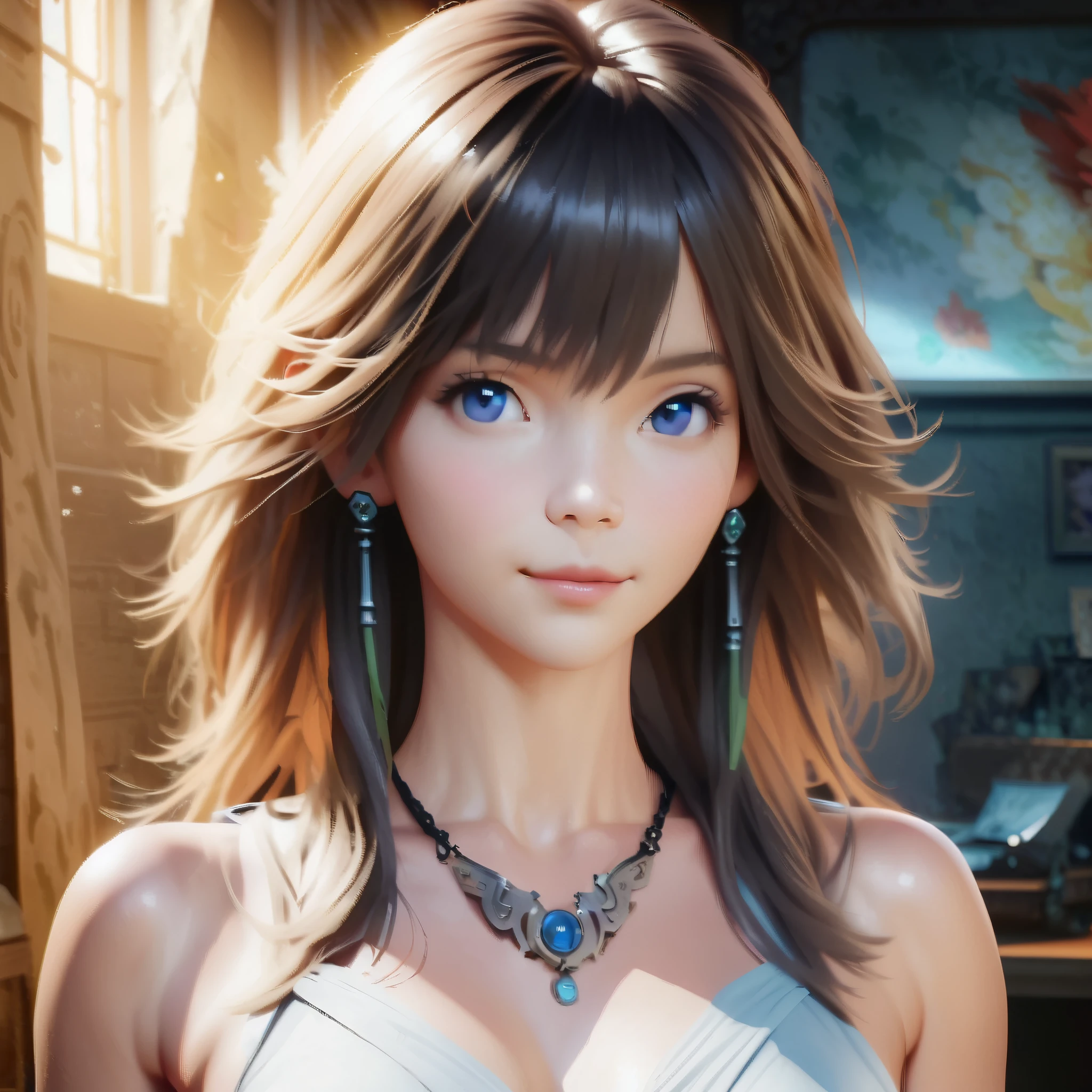 ((Final Fantasy (Yuna), (young girl, , full body, naked body, dark hair, light skin, scarlet lips, smile; black, expressive playful eyes, long eyelashes)). ((Anime girl with brown hair hair and white dress with necklace, beautiful character painting, soft anime computer graphics, realistic anime art, beautiful anime woman, Cyberpunk, futurism, tight jumpsuit, anime girl rendering, Makoto Shinkai and Artgerm, realistic 3D anime style, anime realism style, digital art in anime style, beautiful anime girl)), (style, very beautiful young girl)). ((High quality, masterpiece)).