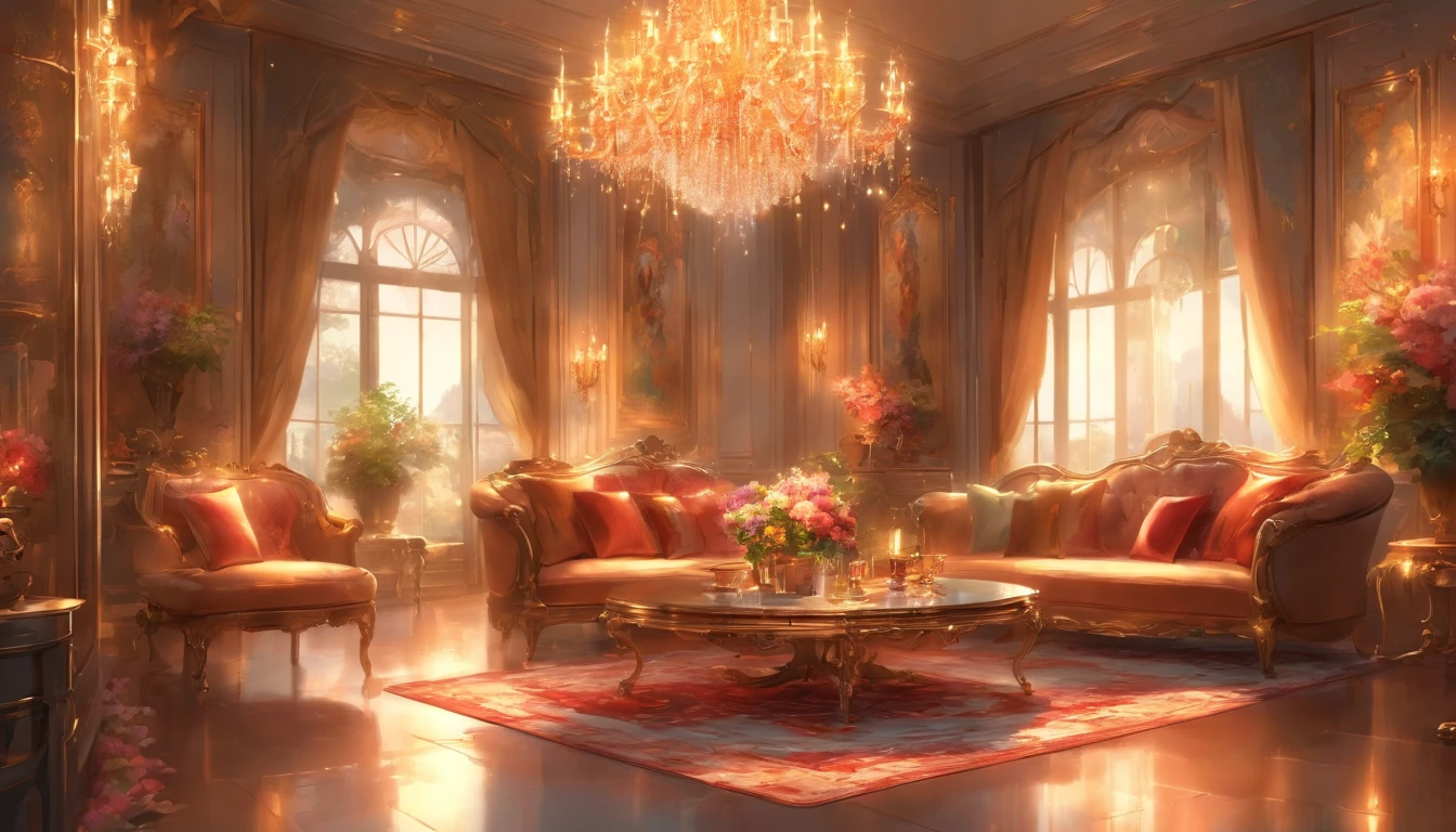 Rich, Luxurious Living room, four windows, marble floors, golden chandeliers, exquisite oil paintings hanging on the walls, an elegant fireplace in the center, a grand piano in the corner, a bookshelf filled with leather-bound books, a crystal vase filled with fresh flowers on a coffee table, plush cushions, velvet curtains, soft candlelight, a glass of champagne on a silver tray, a luxurious rug on the floor, a silver clock on the wall, and a sense of opulence and sophistication. (best quality, highres), (realistic)