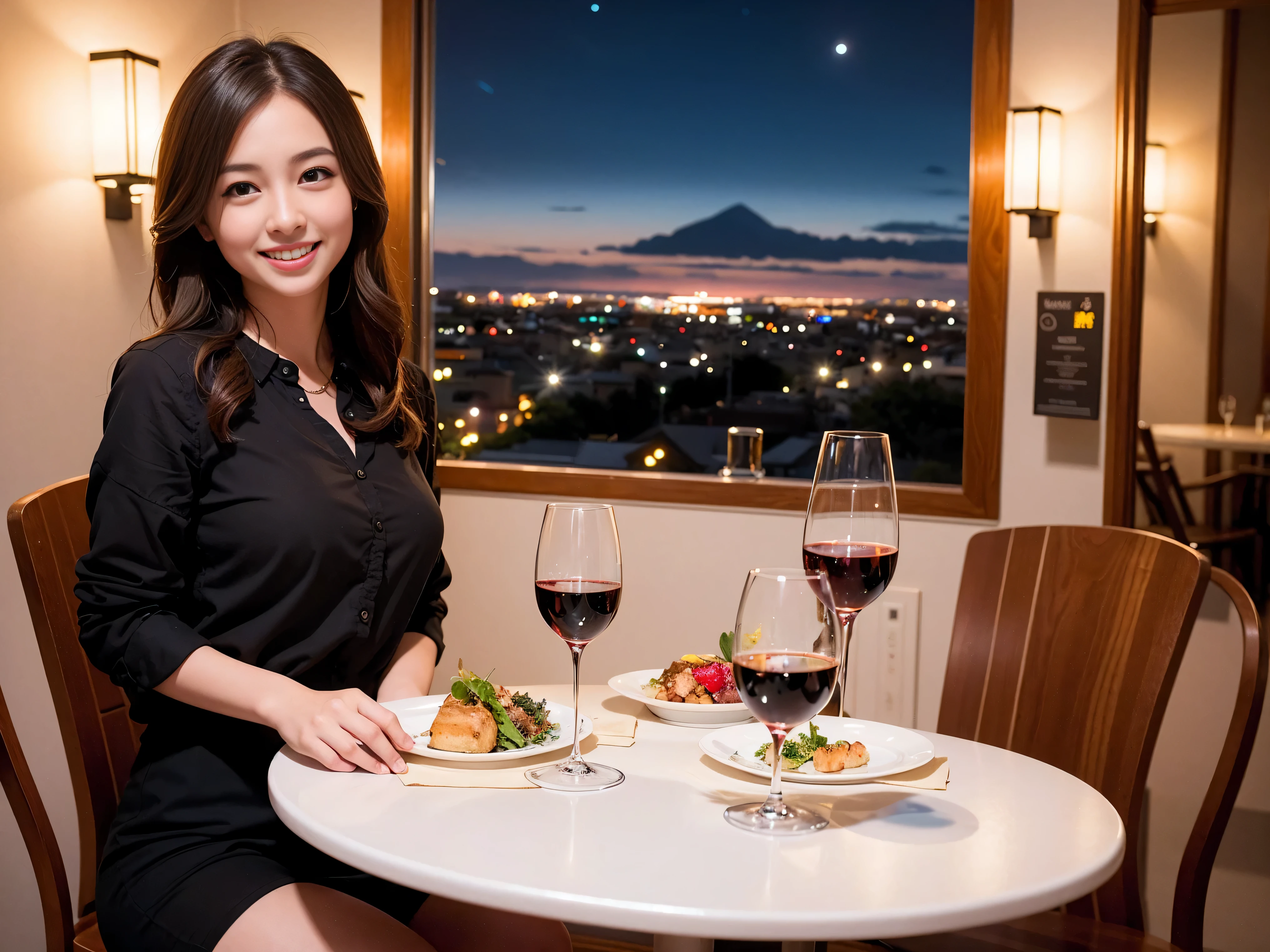 K, UHD, highest quality, masterpiece: 1.2), (realistic, photorealistic: 1.37), Spectacular view of the sunset sky and clouds、Amazing mountain views、A bright smile、3 slim beauties, (slim face),Happy、 the best smile、Fox face、Berry Short、charming beauty witch, (brown hair), (shortcut), long sleeve shirt、winter fashion、Japanese、Dutch、German、Portuguese、Belgian、Italian、French,Champagne、sparkling wine、 (gush out), (slim body), (brown hair), (shortcut), neat beauty、cheeks turn a little red, (43 years old), 39 years old, alone, A beautiful and detailed night view spreads out outside the window...., restaurant, wine glass is sitting, At night, in a prominent place (from the Upper body) nova frog style, actress, model, Upper body, White wine, slim, wine glass, Very beautiful night view, wine glass Put in the Middle, Happy smile, (smile: 1.15),