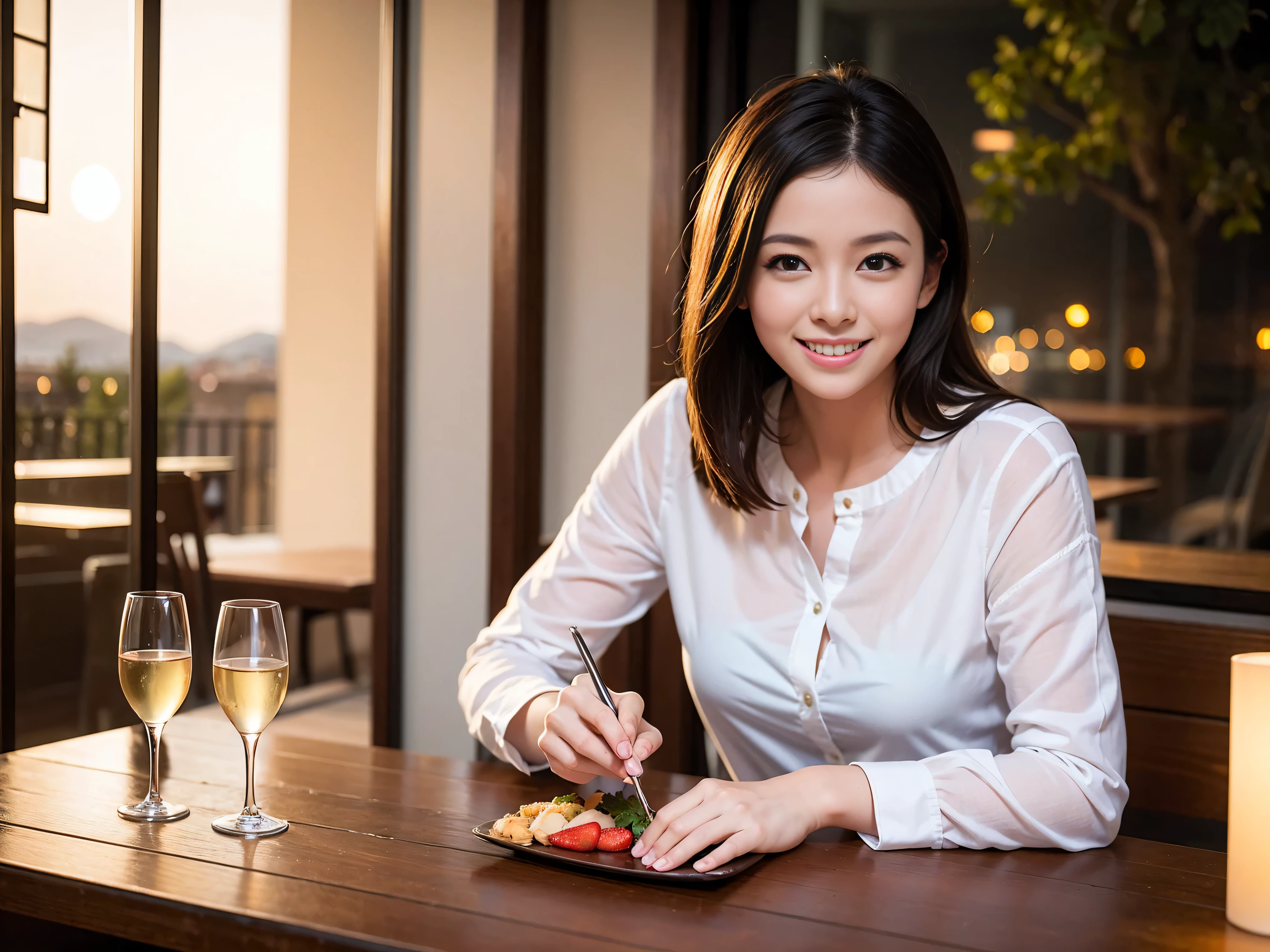 K, UHD, highest quality, masterpiece: 1.2), (realistic, photorealistic: 1.37), Spectacular view of the sunset sky and clouds、Amazing mountain views、A bright smile、3 slim beauties, (slim face),Happy、 the best smile、Fox face、Berry Short、charming beauty witch, (brown hair), (shortcut), long sleeve shirt、winter fashion、Japanese、Dutch、German、Portuguese、Belgian、Italian、French,Champagne、sparkling wine、 (gush out), (slim body), (brown hair), (shortcut), neat beauty、cheeks turn a little red, (43 years old), 39 years old, alone, A beautiful and detailed night view spreads out outside the window...., restaurant, wine glass is sitting, At night, in a prominent place (from the Upper body) nova frog style, actress, model, Upper body, White wine, slim, wine glass, Very beautiful night view, wine glass Put in the Middle, Happy smile, (smile: 1.15),