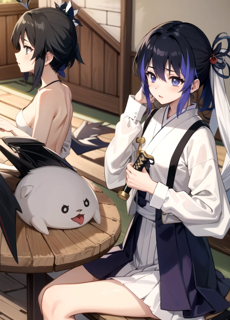 EFT_shinobu, 1 garota, kochou shinobu, demon slayer uniform, enfeite de cabelo de borboleta, Sozinho, hair ornament, arma, espada, cabelo roxo, cabelo multicolorido, olhos roxos, cabelo preto, roupas japonesas, cabelo gradiente, Haori, cinto, Katana, cabelo curto, bainha, mangas compridas, olhos vazios, parted franja, jaqueta, sem alunos, franja, white cinto, blurry background, dentro de casa, tronco, blurry