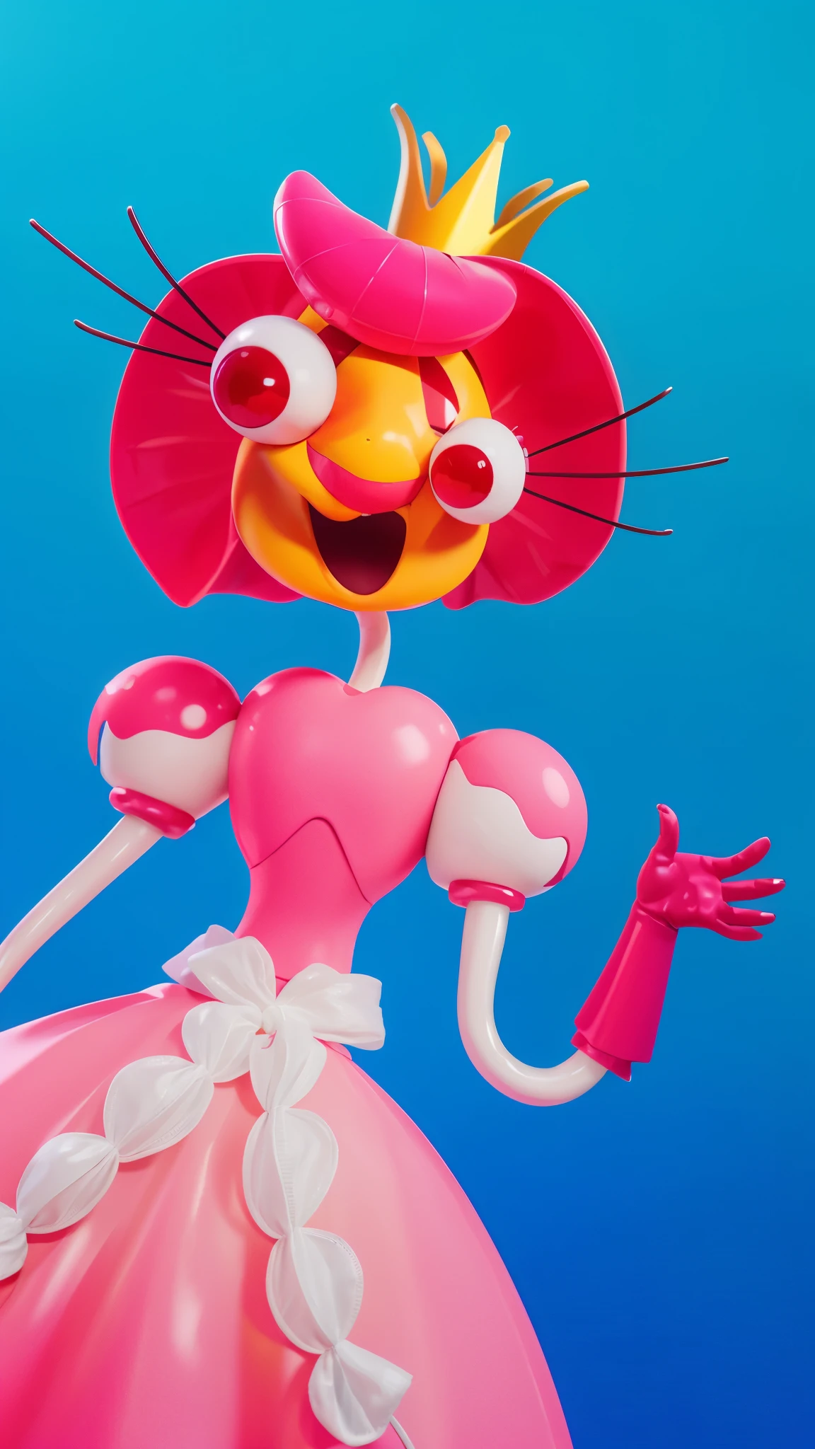 Close-up of a cartoon character wearing a pink dress and light, Pink cult character, гуманоид розовый женский кальмар young woman, animated character, green scared eyes, Beautiful pink little alien, this character has cryokinesis, shining pink face, character close up, humanoid character, Stylized 3D, chewing body, stylized character, 3D character, 3rd character A blue character with a hat, a sad face, and a yellow bow tie is standing in front of a purple door. It has two golden loops around its body. there is a blue-orange daddy long legs in a hat and a yellow rope, iconic character with high detail, 2 d illustration, 2D illustration, stylized digital illustration, art of mobile games, in the elevator, Digital illustration -, Game illustration, mobile game background, 2d digital illustration, evil. bright colors. Cute, blue daddy long legs toy, glossy texture, smooth 3d model, A character head, wearing a pink dress and a crown, 3D icon for mobile game, cartoon key frame rendering, Cute 3D рендеринг, Friendly cat, Shiny metallic, zbrush color rendering. perfect cgi, cgi art created only with gradients, smooth silhouette, high intensity refraction, (plastic material), most beautiful vfx, blue background, plastic refractions, pink mommy long legs toy, glossy texture, smooth 3d model, multiple light sources, rim light, sharp post effects render, (glossy plastic texture with multiple big light probe refractions), perfect cgi, cgi art created only with gradients, smooth silhouette, high intensity refraction, (plastic material), most beautiful vfx, blue background, plastic refractionsмультяшная young woman в красной юбке и синей рубашке, Чаки style, animated character, dancing character, 3rd character render, April render, 3rd character art, 3rd character, 3D character, Cartoon character, young woman, 3D rendering of characters 8k, Tuni, 3D rendering stylized