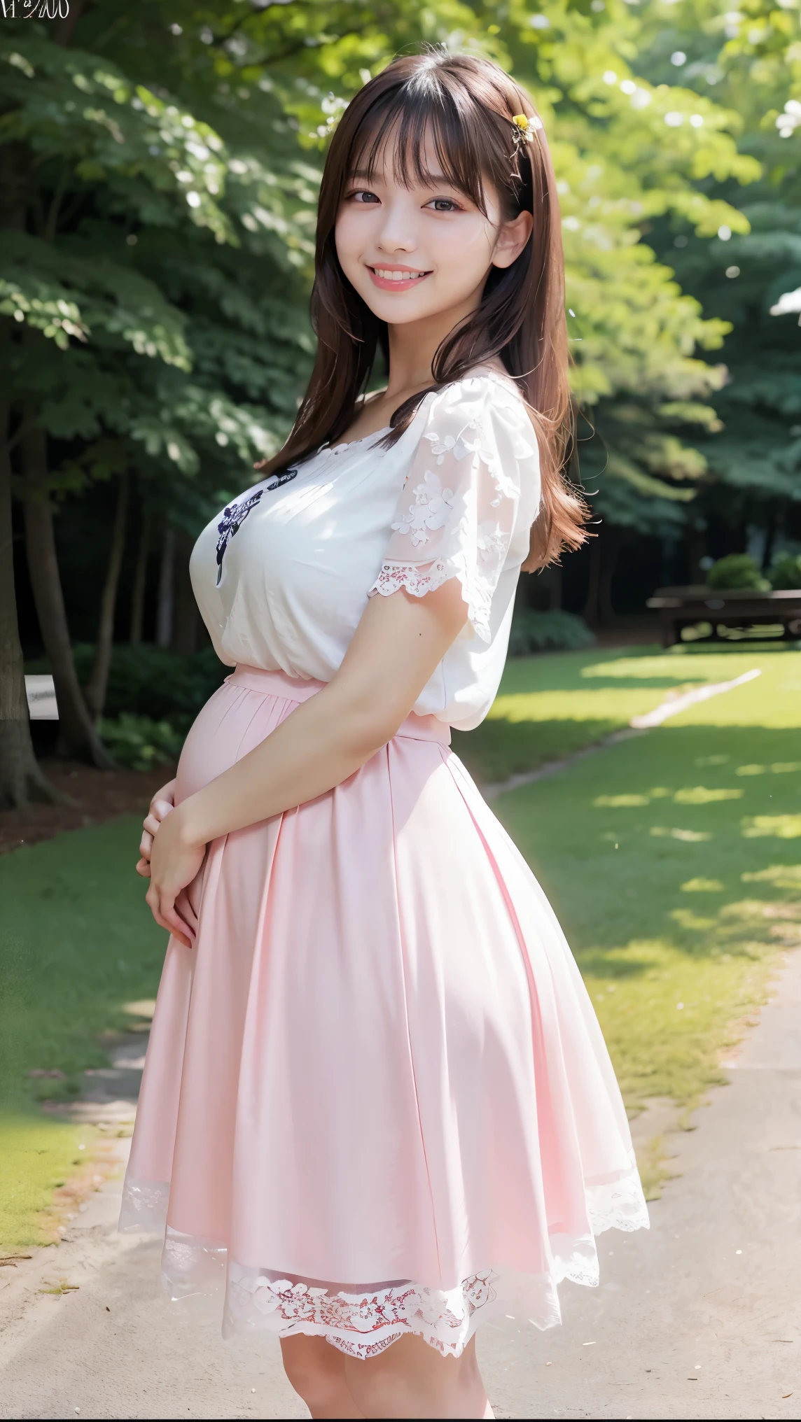 (highest quality、masterpiece、8K、best image quality、hyper realism、Award-winning work)、1 female、(alone:1.1)、(Girly Lolita T-shirt with white lace decoration:1.1)、(Very thin, sheer pink long skirt:1.1)、(Strongly blurred beautiful park background:1.1)、The most natural and perfect beautiful grass park、Perfectly maintained lawn park、beautiful sunlight filtering through the foliage、Tyndall effect、epic movie lighting、blurred background、(Standing gracefully:1.2)、(full body photo:1.1)、(emphasize body line:1.1)、(thick legs:1.1)、(glamorous body:1.1)、(big ass:1.2)、(big breasts:1.1)、(short height:1.2)、(Height: 140cm:1.2)、accurate anatomy、perfect makeup、long eyelashes、glossy lips、Ultra high definition glossy skin、(Ultra-high definition bright and beautiful skin:1.1)、超高精細のglossy lips、Super high definition beautiful teeth、(late pregnancy:1.1)