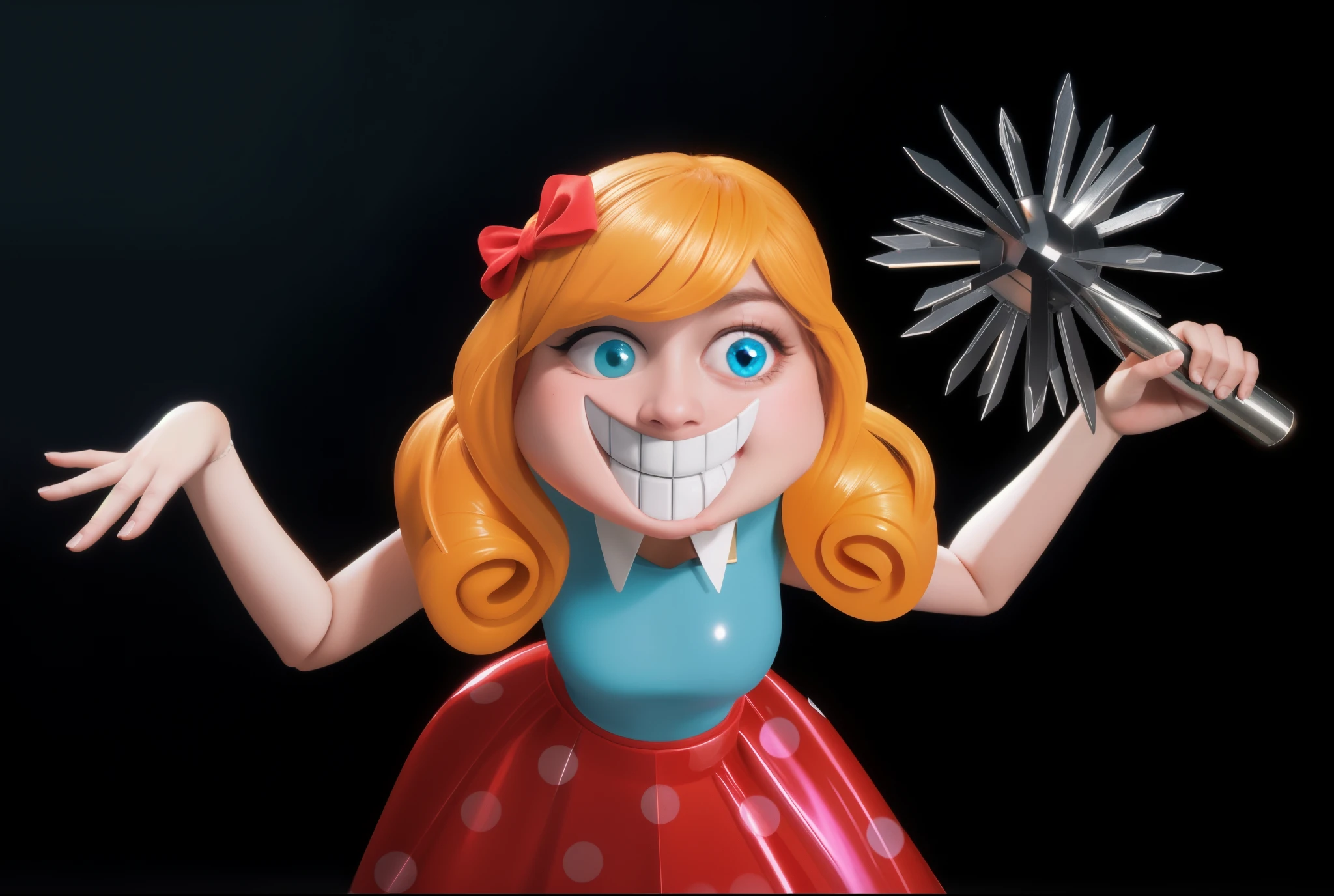 cartoon doll girl with a mace in her hand, doll, game character, videogame character, creepy doll, large creepy smile, doll with creepy smile and red eyes, insane, she ia holding death star mace in hand, doll toy, glossy texture, smooth 3d model, multiple light sources, rim light, sharp post effects render, (glossy plastic texture with multiple big light probe refractions), perfect cgi, smooth silhouette, high intensity refraction, (super glossy material), most beautiful vfx, blue background, plastic refractions, realistic, 4k, high resolution, rim light, she is flying, she is laying on the floor, photo shoot, commercial photo,  profile shot, 4k, rim light, high resolution, 4k, glossy texture, smooth 3d model, multiple light sources, rim light, sharp post effects render, (glossy metallic texture with multiple big light probe refractions), perfect cgi, cgi art created only with gradients, smooth silhouette, high intensity refraction, (super glossy chrome material), most beautiful vfx, blue background, chrome metal refractions, multiple light sources, rim light, sharp post effects render, perfect cgi, anthropomorphic cat, digital art, detailed digital art, reflective, best quality, 4k, masterpiece:1.2, ultra-detailed, realistic, vivid colors, dark and moody lighting, The image of the highest quality, ensuring every detail showcased perfectly. It in 4k resolution, allowing viewers to immerse themselves in the richness of the colors and intricate details. The realistic rendering. under the spotlight, reflecting, high-resolution image, realistic rendering, dark background, and rim light photorealistic