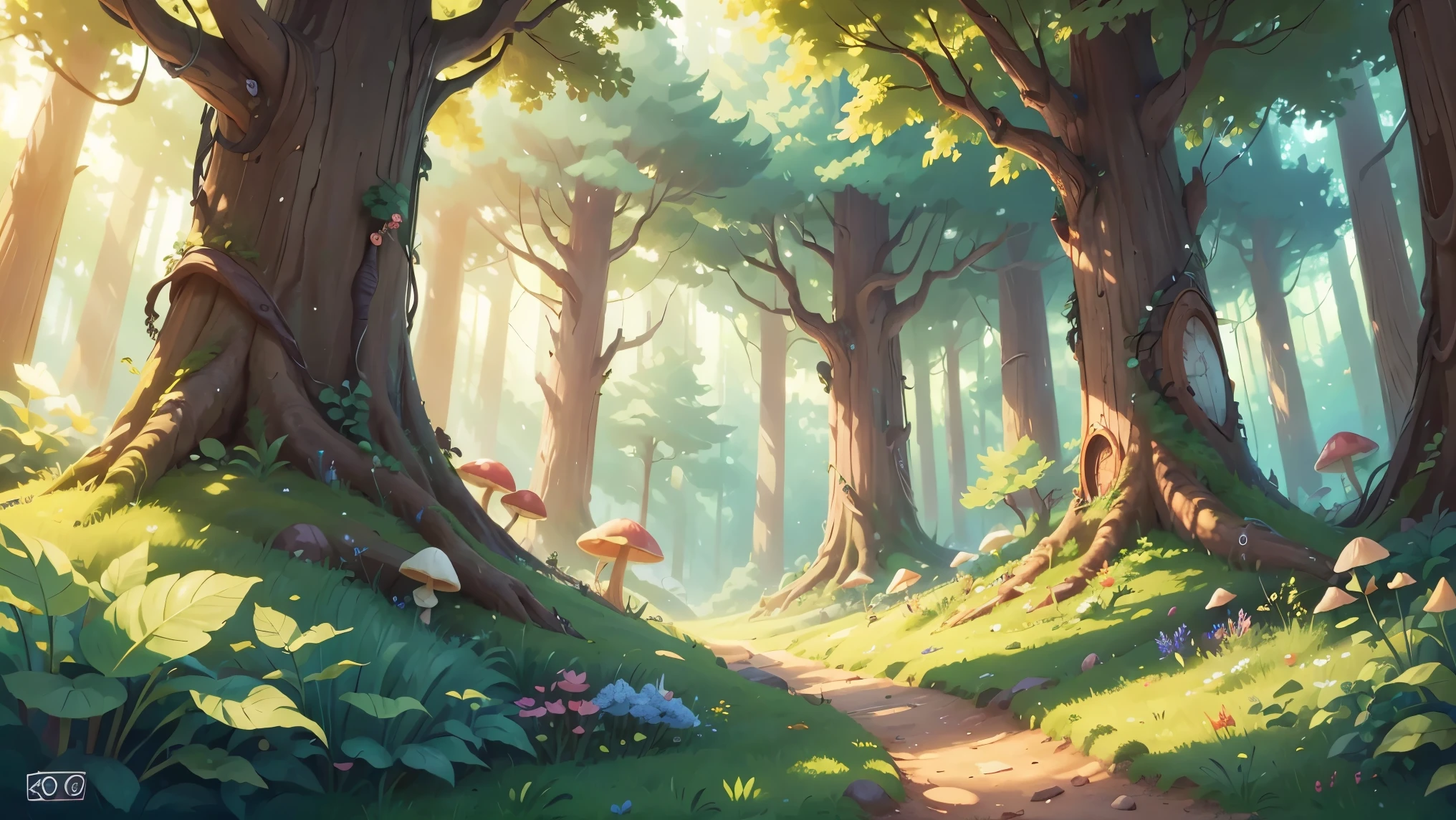 ((bright)), Cartoon beautiful fantasy fairy forest inside with trails and trees on a sunny day, forest plants, fairy mushrooms, beautiful flowers, detailed background artwork masterpiece, Mobile game background, scenery art detailed, landscape artwork, forest inside, elf forest background, forest setting, Detailed game art, 8k