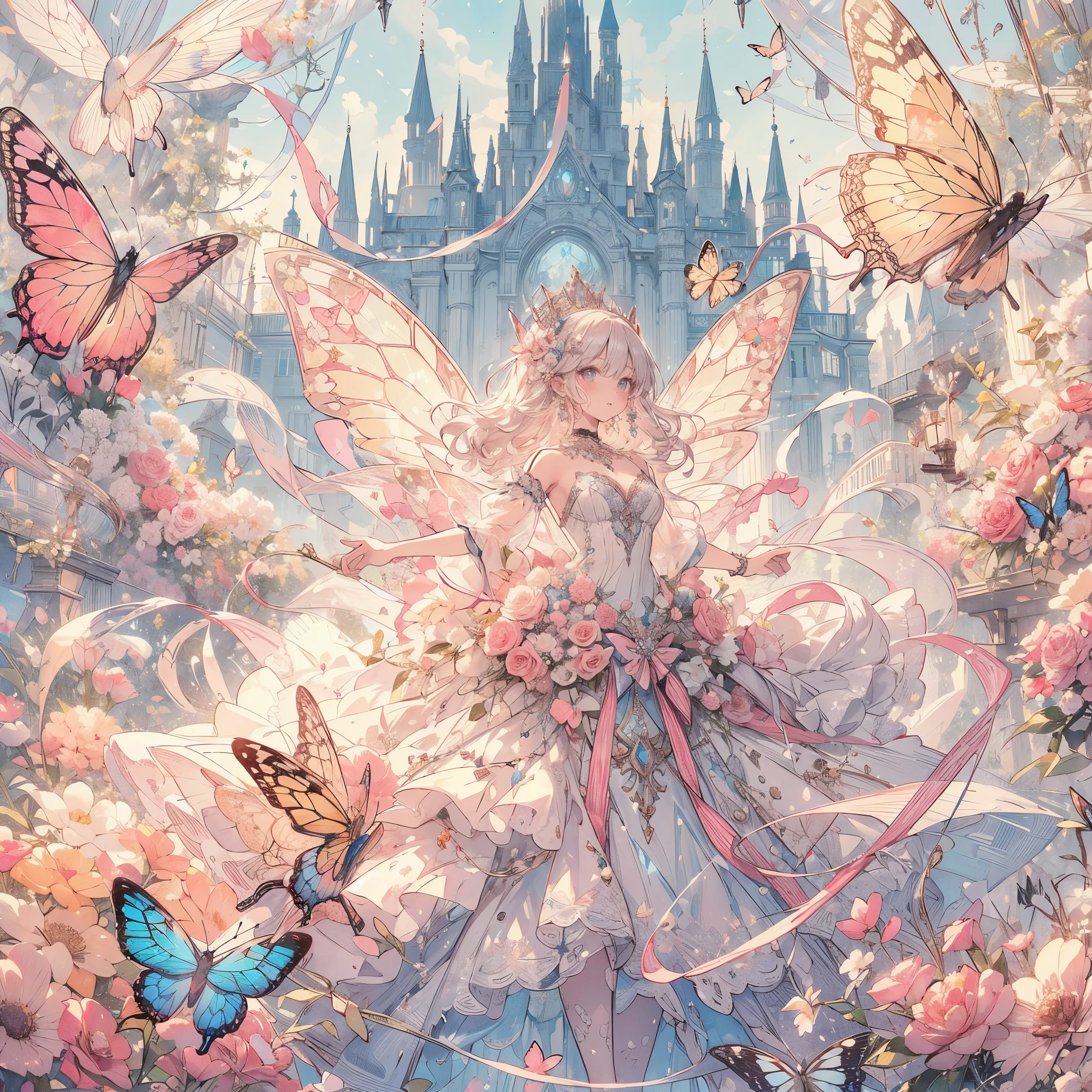 (exquisite, beautiful, very detailed, masterpiece, high quality,High resolution),(soft thin lines:1.2, Beautiful, delicate and pretty face),(Butterfly-like fairy wings growing from her back),from a little far away,body whole,The whole body is reflected,night,A fairy princess is dancing in a gorgeous baroque castle,lots of flowers,Hanabubuki,indoor,(Diamond Tiara, earrings, necklace), ((Gorgeous pastel ball gown dress:1.1, Balloon sleeves,Jewels, ribbons, lace and frills, 背中からbeautiful妖精の羽)), (light pink blush, plump pink lips,big bust,Fair skin, good style),watercolor style