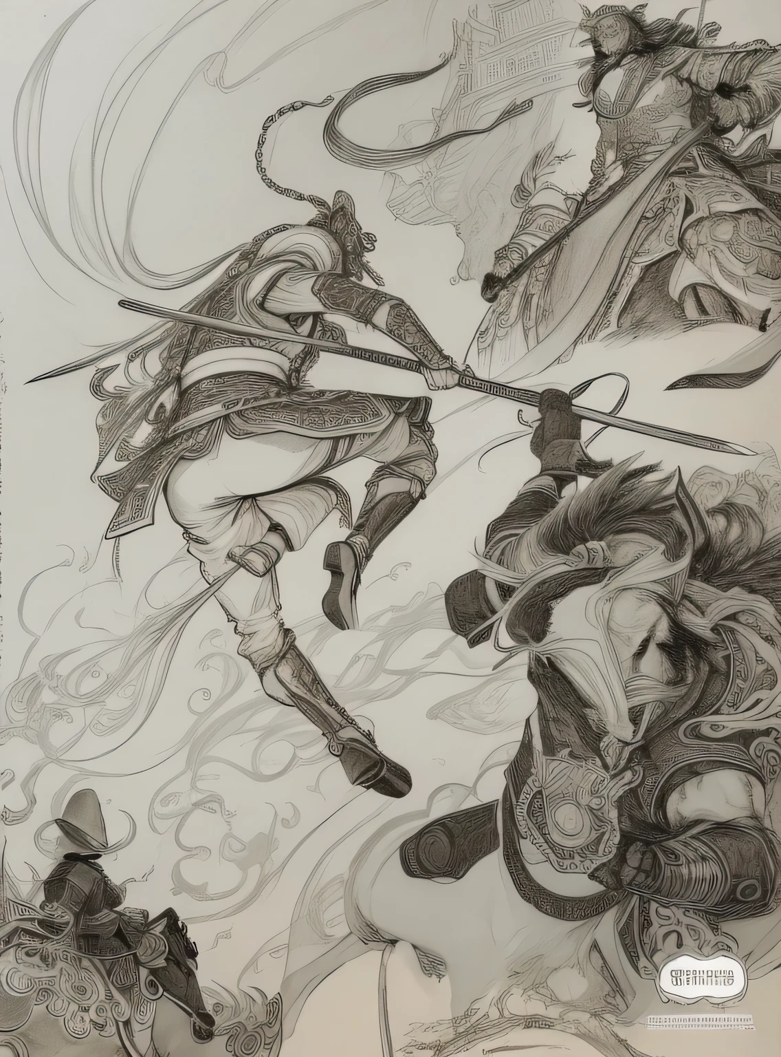 Sketch of a man riding a horse holding a sword and a woman riding a horse, inspired by katsuya terada, Katsuya Terada&#39;s style, Inspired by Sichuan hot pot Kyousai, Inspired by Yoshitaka Amano, Inspired by Chunguang Zhaibeizhou, Inspired by Longxingzhai Dingqing