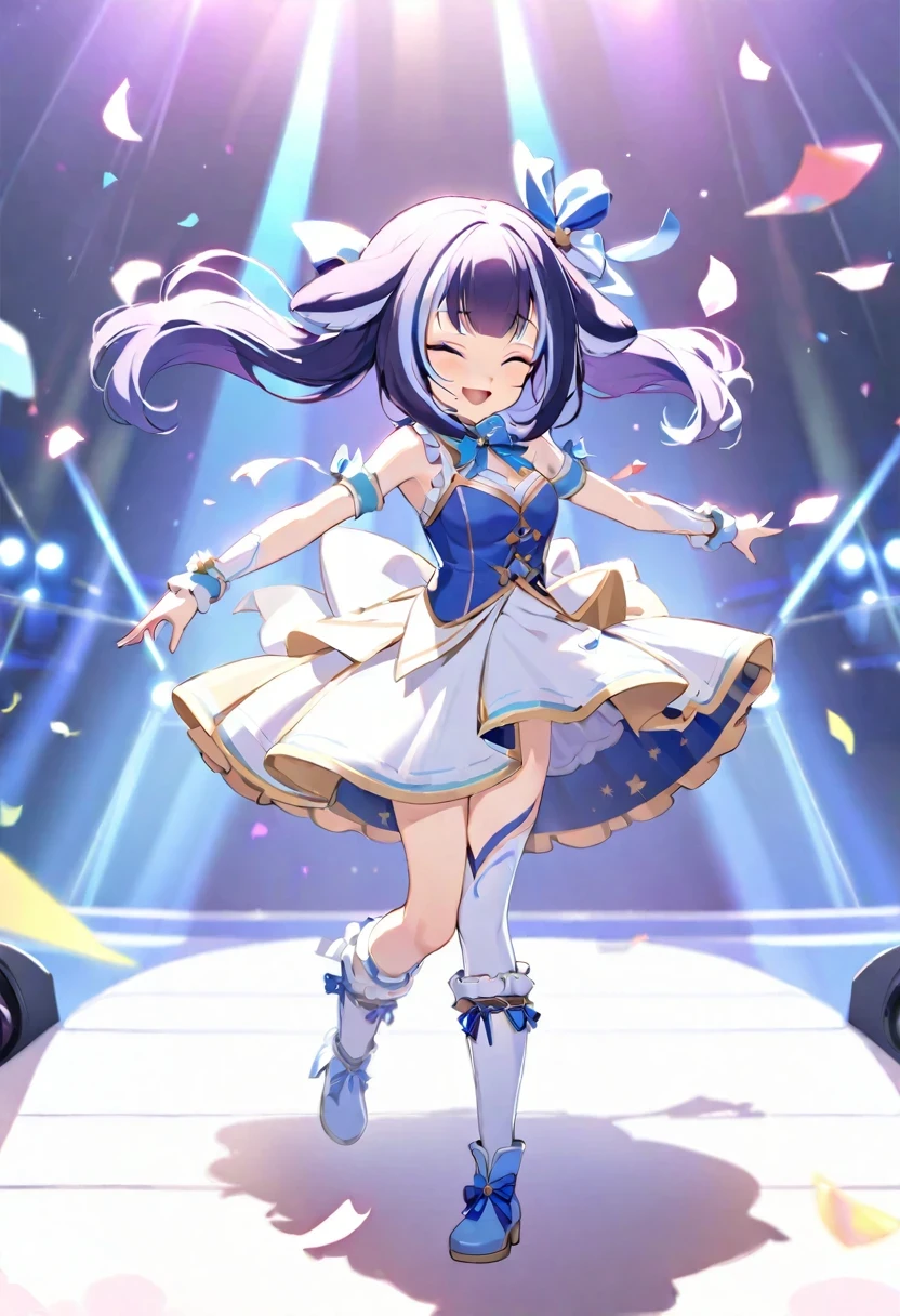 (((shylily))),(pieces fly), (highest quality), very detailed, ((1 girl)), anime cute girl、solo full body shot,point of view,dancing,(smile),wink,perfect face, beautiful face, very detailedな顔,Gorgeous idol costumes,Skirt with lots of frills,Idle only,Ribbon hair ornament,ribbon boots,knee high socks,concert dome,live,I have a microphone,sing,smile with your mouth wide open,laser light,Spotlight,Lots of confetti、A large amount of petals dance、Neon Light Up、glowing effect、raise one's legs high、dynamic pose、I can see cute lingerie
