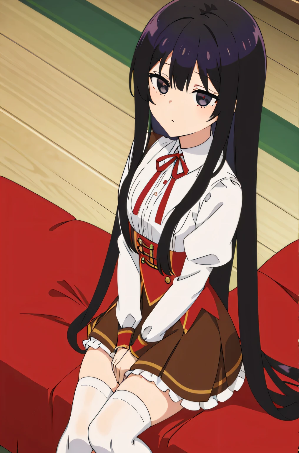 eumi, 1girl, solo, long hair, blunt bangs,bangs, black hair, black eyes, looking at viewer,
shirt, long sleeves, ribbon, closed mouth, , white shirt, pleated skirt, frills, puffy sleeves, brown skirt, black thighhighs, red ribbon, neck ribbon, expressionless,seex toys,dildo vibrator,sex machine,