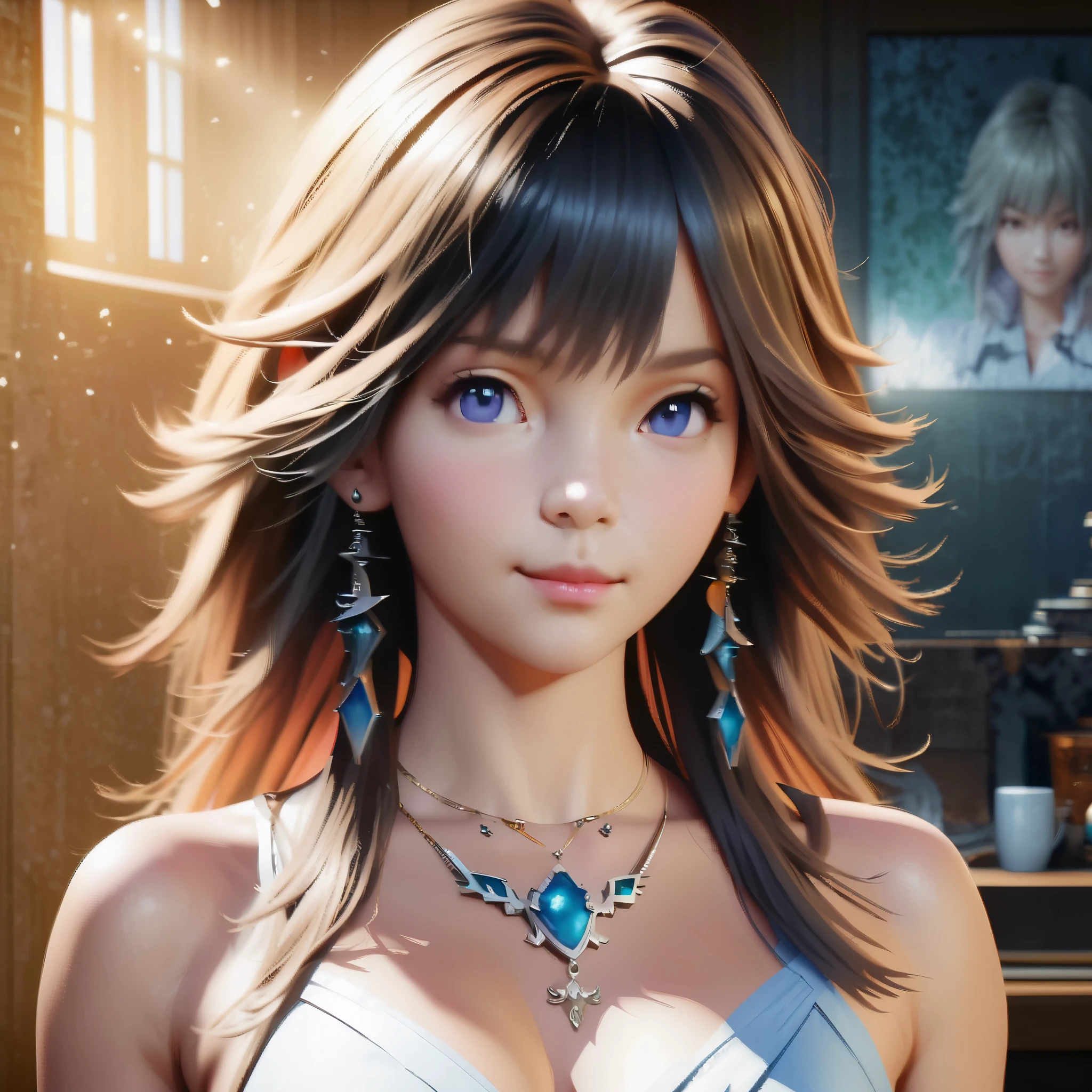 ((Final Fantasy (Yuna), (young girl, , full body, naked body, dark hair, light skin, scarlet lips, smile; black, expressive playful eyes, long eyelashes)). ((Anime girl with brown hair hair and white dress with necklace, beautiful character painting, soft anime computer graphics, realistic anime art, beautiful anime woman, Cyberpunk, futurism, tight jumpsuit, anime girl rendering, Makoto Shinkai and Artgerm, realistic 3D anime style, anime realism style, digital art in anime style, beautiful anime girl)), (style, very beautiful young girl)). ((High quality, masterpiece)).