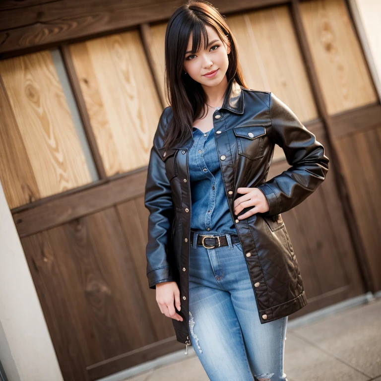 amerikanische frau, mit schwarzen haaren, 8k, Lachen auf dem Gesicht, Realistic 3D full body poster shot, beautiful sweet american 22 year old girl, Jeansjacke, schwarzes Haar, lockiges Haar, Seitengasse, Hands in pockets, Weicher Fokus,depth of field, complicated natural lighting