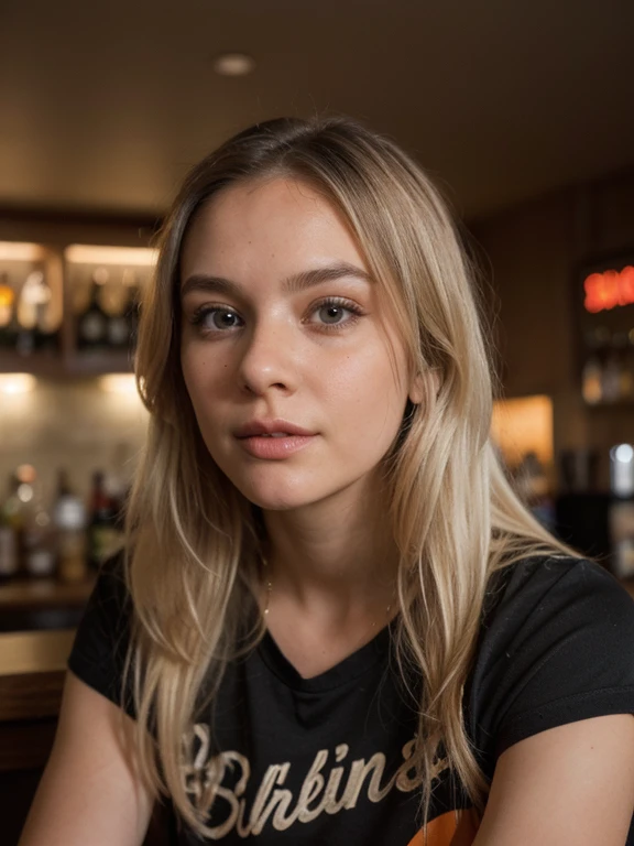 ((1girl)), Solo, (((Very detailed face)))), ((Very detailed eyes and face))), a beautiful girl with dyed white blonde straight hair waiting at a bar wearing her favorite sports team colors black and orange. Wearing gold jewelry She's looking at the television favorite team with other people in the background, Drink on bar in front of her