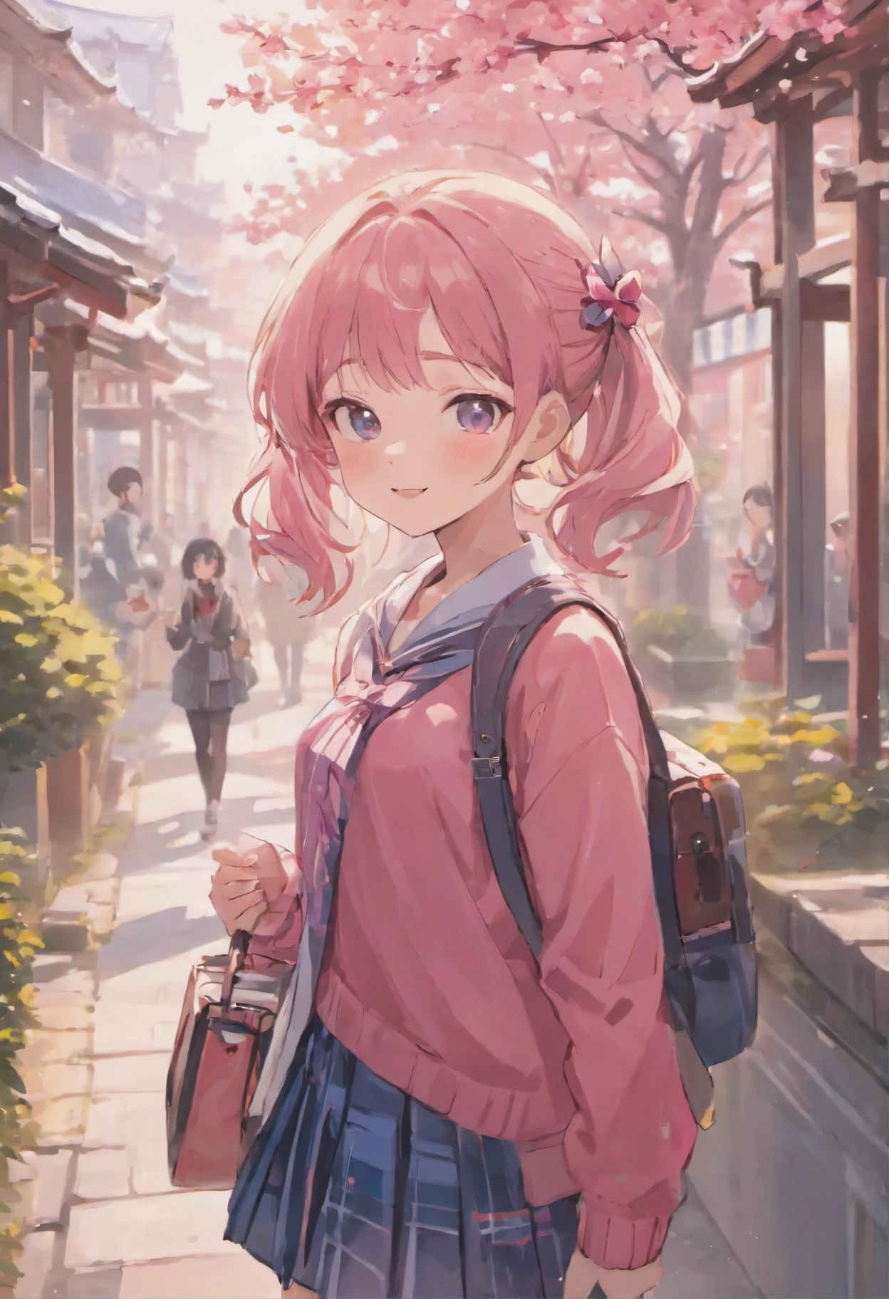 (best quality,4k,8k,highres,masterpiece:1.2),ultra-detailed,(realistic,photorealistic,photo-realistic:1.37),high school girl,japanese ,beautiful detailed eyes,beautiful detailed lips,shiny hair,innocent smile,[anime],colorful,soft lighting,flower garden,summer breeze,school building,cute accessories,happy expression,playful pose,friends chatting in the background,vibrant colors,happy atmosphere,greenery,cheerful,crisp focus,clear blue sky,blush on cheeks,school bag,hair ribbon,plaid skirt,school shoes,pink sakura blossoms,adorable fashion style,confident posture,gentle sunlight,friendly gestures,joyful laughter,shimmering atmosphere,typical japanese school scene,lively surroundings,smiling faces,dreamy ambiance,comfortable and relaxed scene,friends enjoying a fun day,positive energy,positive vibes,carefree and youthful.