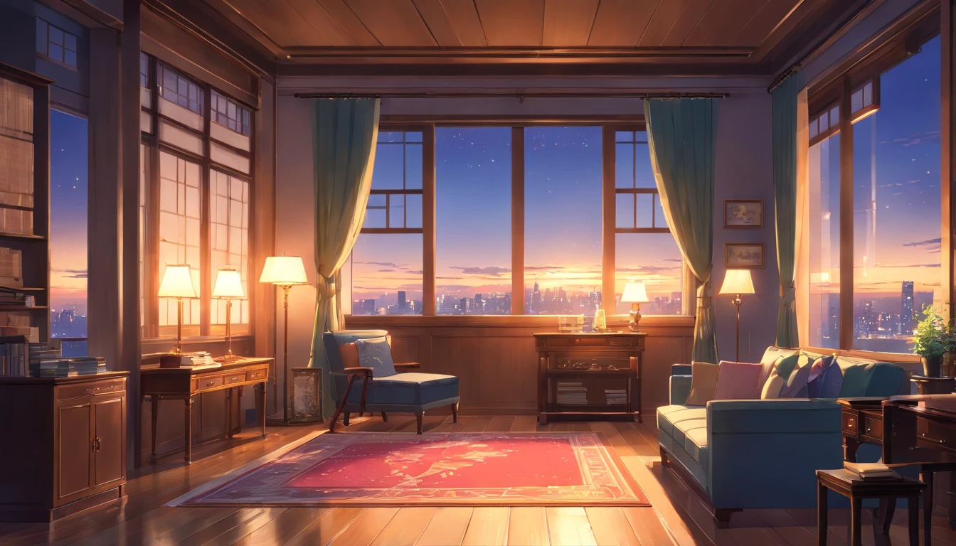 from the windows, wooden floor, elegant curtains, high ceiling, soft carpet, cozy fireplace, dimly lit, a glass of fine red wine, plush cushions, intricate woodwork, antique decor, oil painting on the wall, bookshelf filled with leather-bound books, a glimpse of city lights in the distance, a sense of tranquility and opulence. (best quality, highres), (luxurious:1.2), (moonlit), (sophisticated:1.1), (classical music), (quiet atmosphere), (subtle elegance), (cold and inviting), (serene), (timeless beauty), (expensive taste), (refined craftsmanship), (exquisite attention to detail), (atmosphere of indulgence), (time-honored traditions), (exclusivity), (lavish comfort).