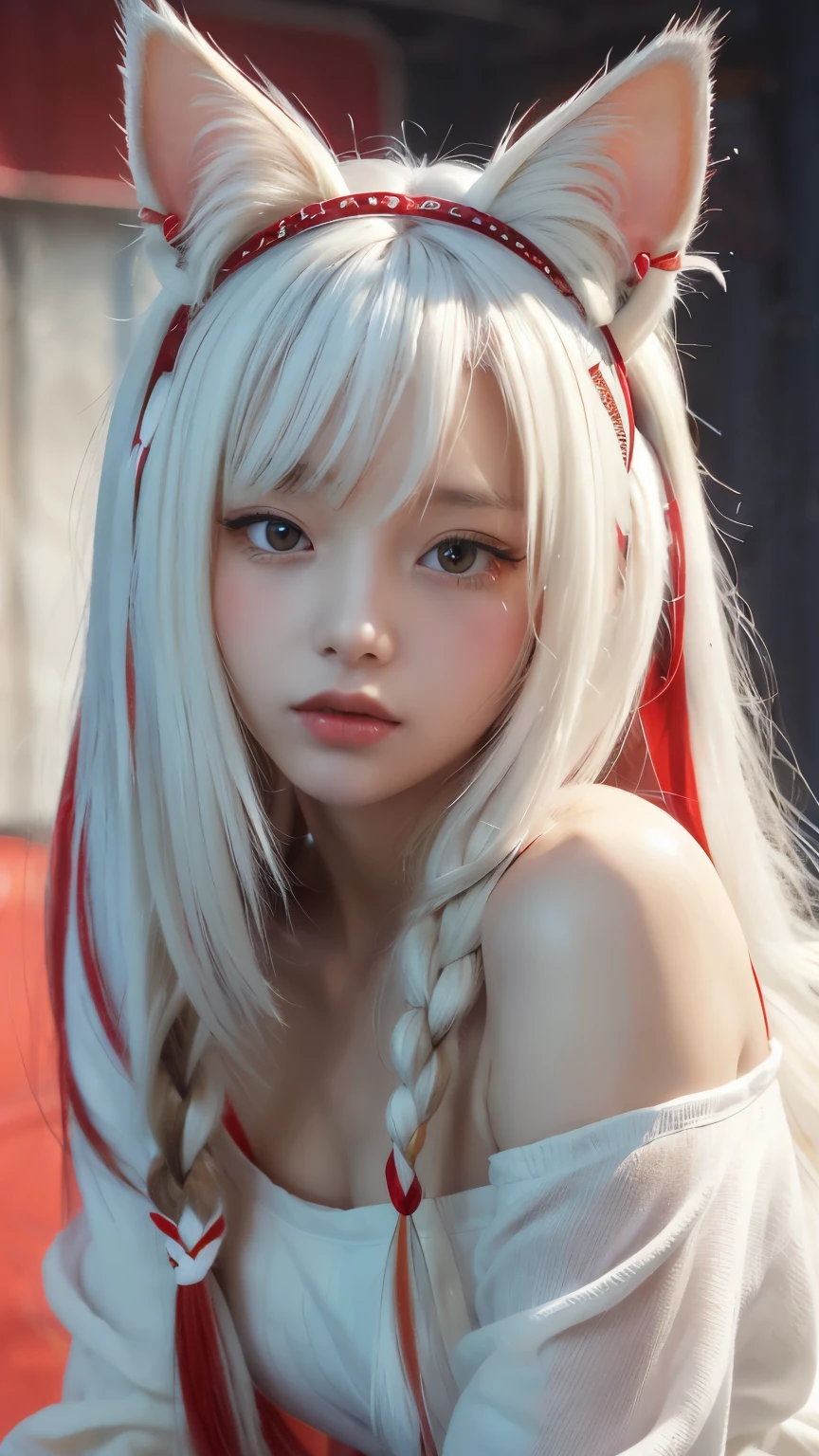 masterpiece, highest quality ,Full body photo、 Awareness-raising,1 perfect portrait of a girl, A fascinating eye for perfect detail, Colorful Hair, (red+White and soft hair:1.6), (White Fox Ears:1.3), ファンタジーなredい背景, {Sexy exposed bare shoulders} ,{Long-term alienation_sleeve}, {Lean forward slightly}, If you look up, hair ornaments, {shy },Please keep your mouth shut, Tilt your head, Cinema Lighting, Larger clothes, ((Seductive pose)), 