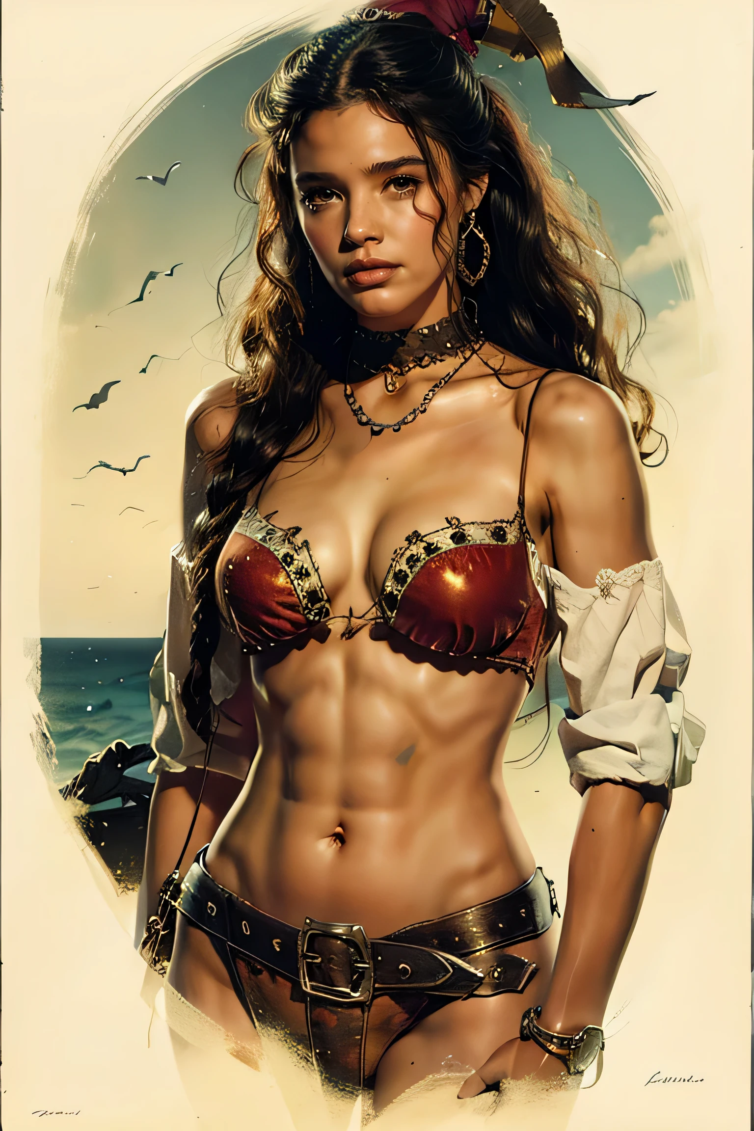 fantasy portrait from the hips up of a seductive female pirate from the early 18th century