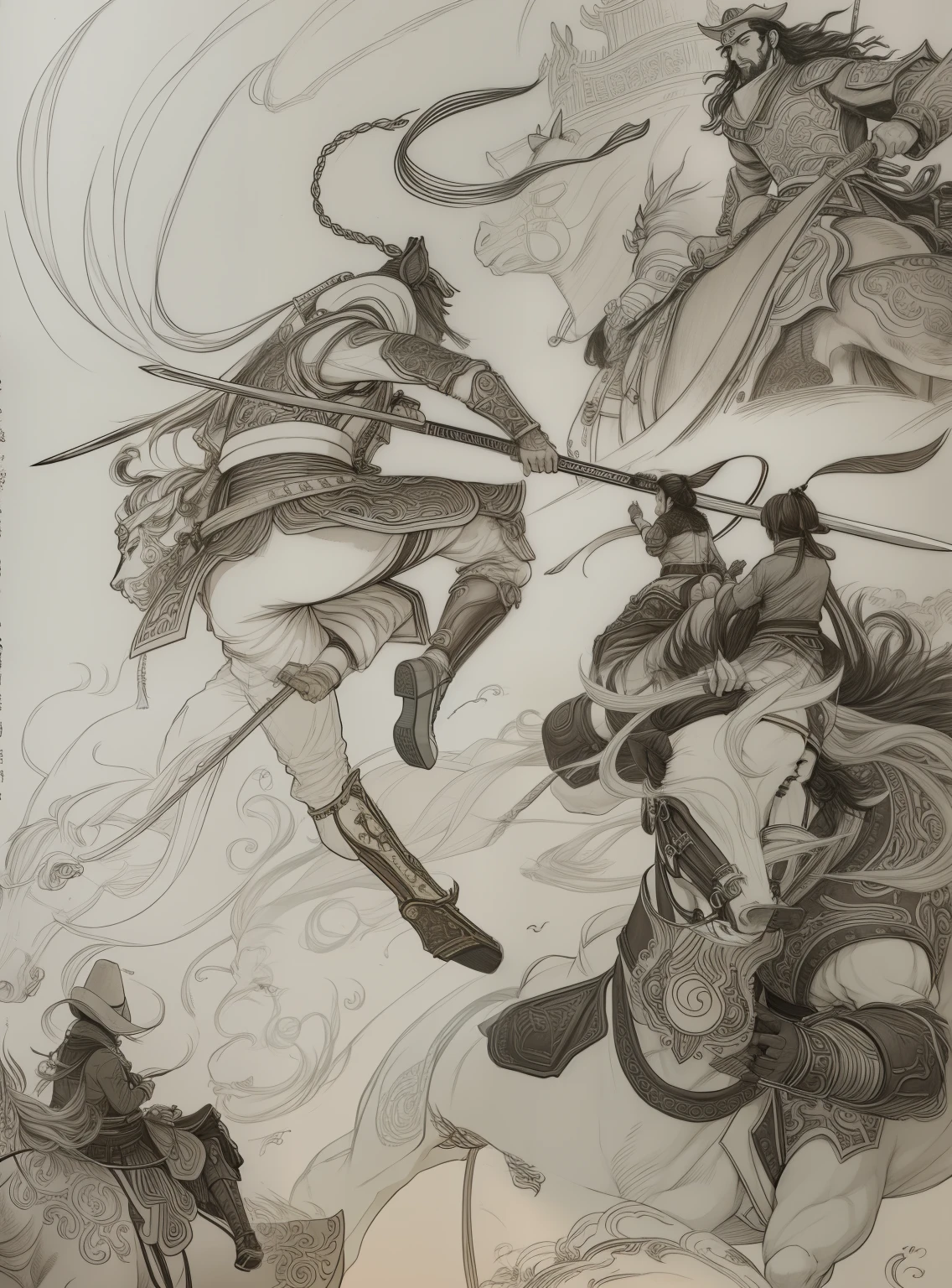 Sketch of a man riding a horse holding a sword and a woman riding a horse, inspired by katsuya terada, Katsuya Terada's style, Inspired by Sichuan hot pot Kyousai, Inspired by Yoshitaka Amano, Inspired by Chunguang Zhaibeizhou, Inspired by Longxingzhai Dingqing