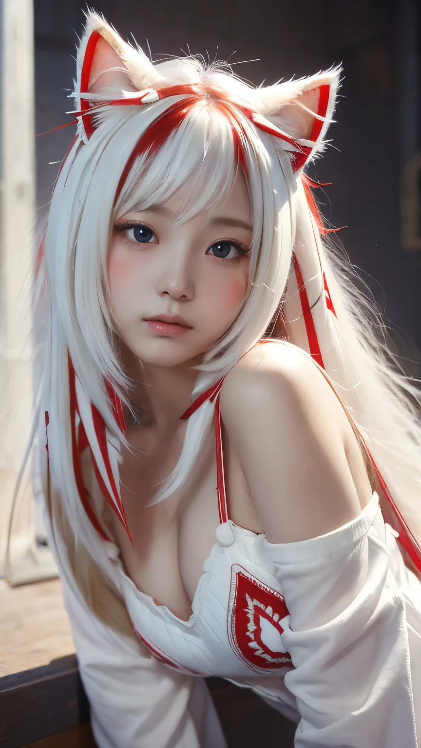 18 year old female，Milky white long hair，red eyes，very huge breasts，perfect hands，((3D anime style))，