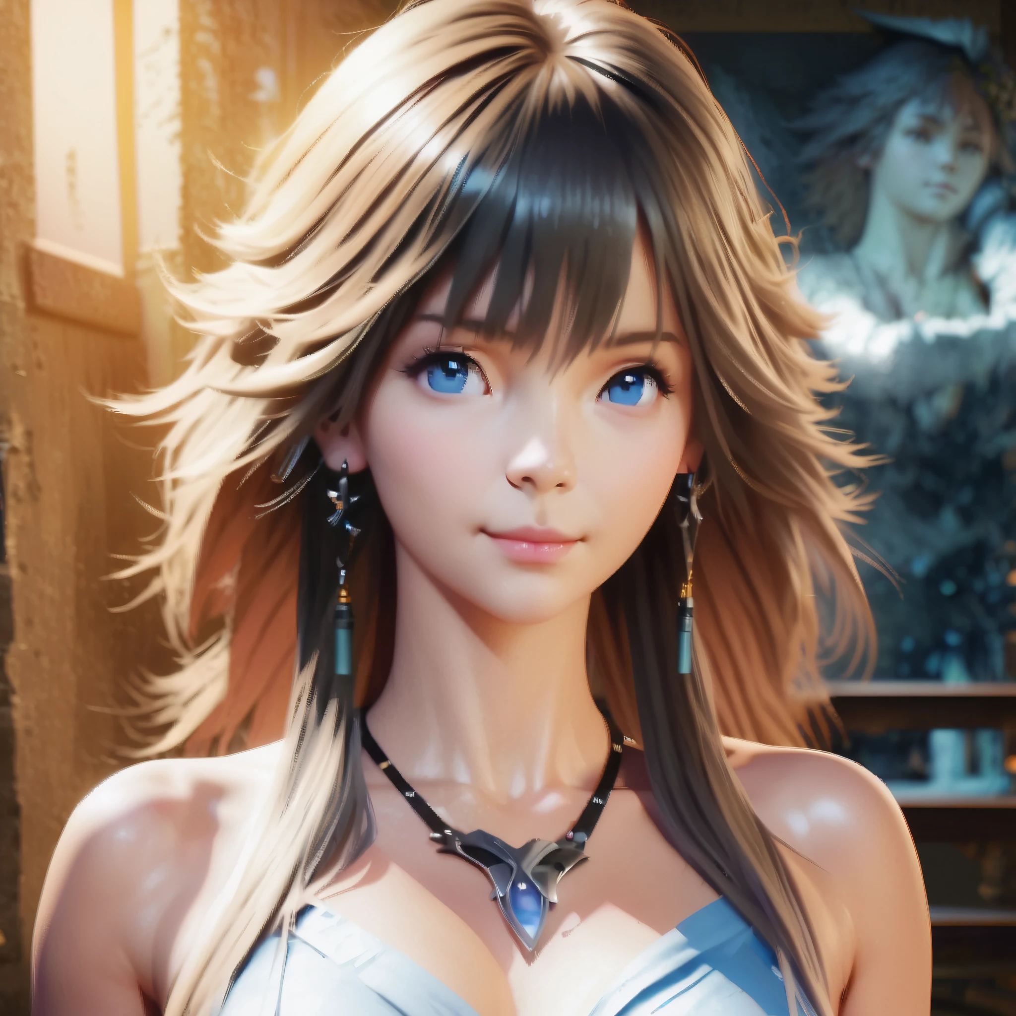 ((Final Fantasy (Yuna), (young girl, ************, full body, naked body, dark hair, light skin, scarlet lips, smile; black, expressive playful eyes, long eyelashes)). ((Anime girl with brown hair hair and white dress with necklace, beautiful character painting, soft anime computer graphics, realistic anime art, beautiful anime woman, Cyberpunk, futurism, tight jumpsuit, anime girl rendering, Makoto Shinkai and Artgerm, realistic 3D anime style, anime realism style, digital art in anime style, beautiful anime girl)), (style, very beautiful young girl)). ((High quality, masterpiece)).