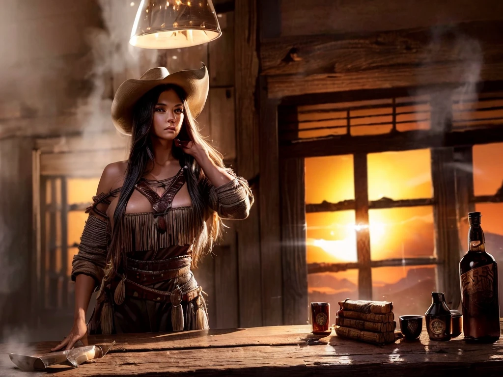 (best quality,realistic,highres:1.2),detailed,western showdown,[female sheriff] looking calm and determined,[Native American] with traditional attire, [wild west] saloon ambiance, [dimly lit] with flickering candlelight,[bar counter] with bottles of whiskey and shot glasses,[cowboy hats] and cowboy boots scattered around, [bullet shells] and [smoke] in the air, [golden sunset] shining through the windows.