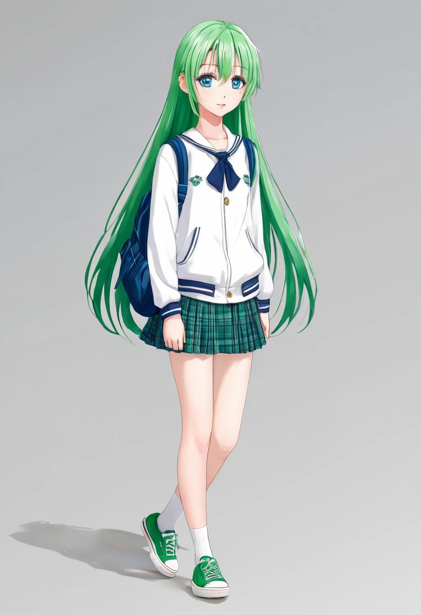 Anime girl with blue eyes, long green hair, and school clothes. A girl with soft, white skin, wearing school shoes.