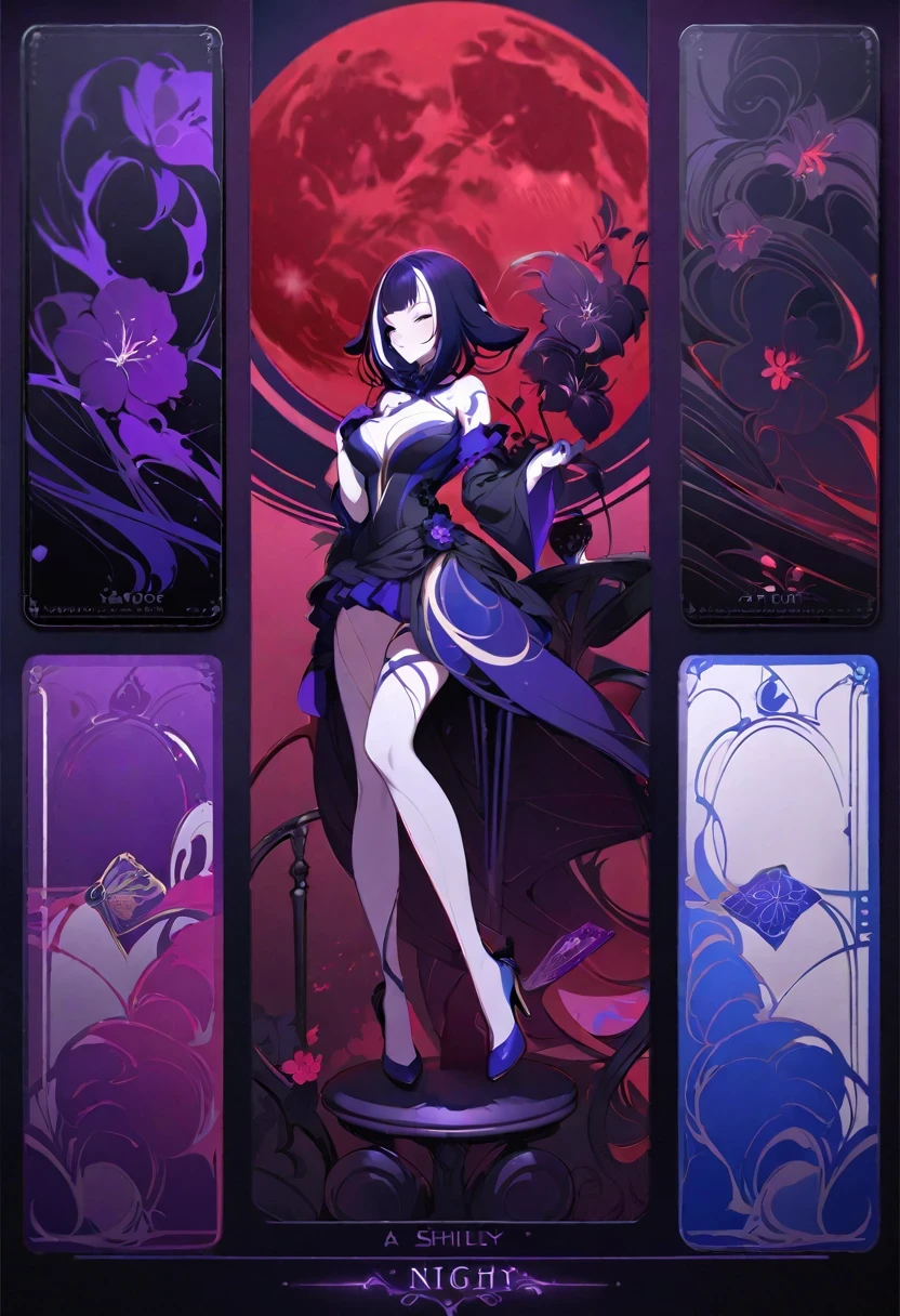 (((shylily))), full bodyesbian,smile,high-heels,Gloomy atmosphere,Black smoke,Gothic flower stand,Purple decorative panels, abstract artistic,(masterpiece, best qualtiy, A high resolution: 1.4), A detailed, Complicated details, 4K, Color splattering, Line art,(tarot cards),Cards,nigth,Red Moon