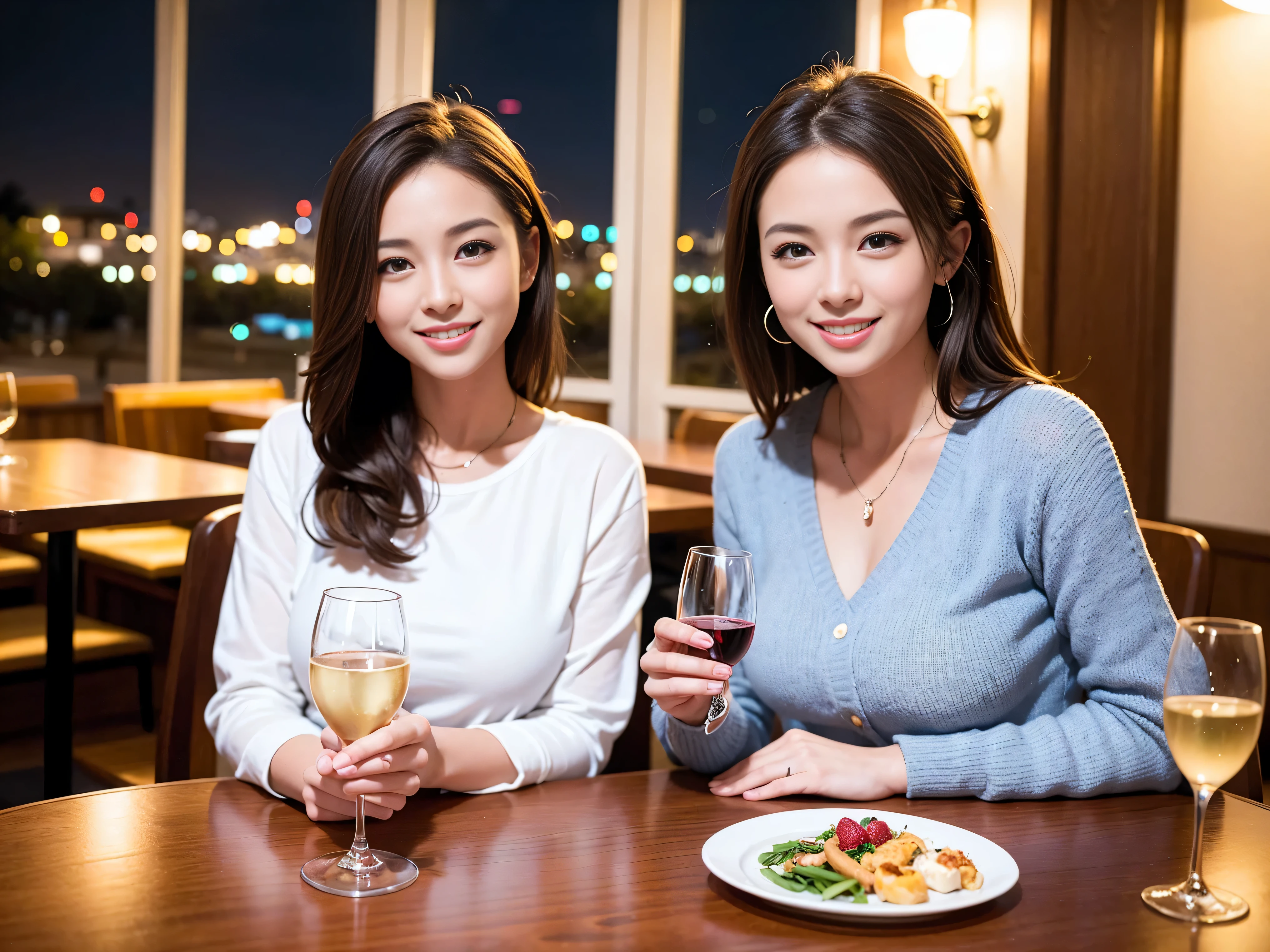 K, UHD, highest quality, masterpiece: 1.2), (realistic, photorealistic: 1.37), Spectacular view of the sunset sky and clouds、Amazing mountain views、A bright smile、3 slim beauties, (slim face),Happy、 the best smile、Fox face、Berry Short、charming beauty witch, (brown hair), (shortcut), long sleeve shirt、winter fashion、Japanese、Dutch、German、Portuguese、Belgian、Italian、French,Champagne、sparkling wine、 (gush out), (slim body), (brown hair), (shortcut), neat beauty、cheeks turn a little red, (43 years old), 39 years old, alone, A beautiful and detailed night view spreads out outside the window...., restaurant, wine glass is sitting, At night, in a prominent place (from the Upper body) nova frog style, actress, model, Upper body, White wine, slim, wine glass, Very beautiful night view, wine glass Put in the Middle, Happy smile, (smile: 1.15), 