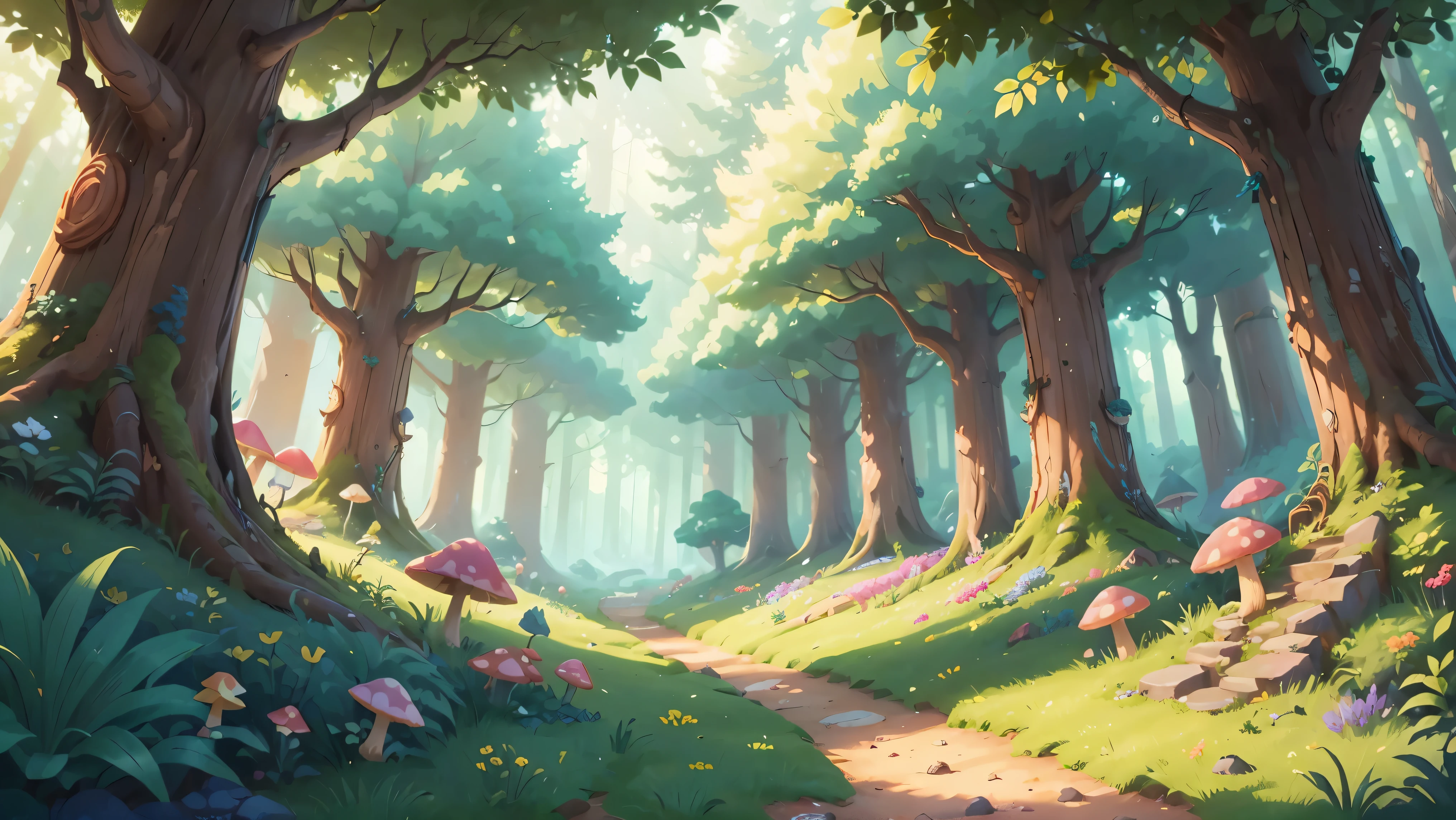 ((bright)), (rich bright colors), Cartoon beautiful fantasy fairy forest inside with trails and trees on a sunny day, forest plants, fairy mushrooms, beautiful flowers, detailed background artwork masterpiece, Mobile game background, scenery art detailed, landscape artwork, forest inside, elf forest background, forest setting, Detailed game art, 8k