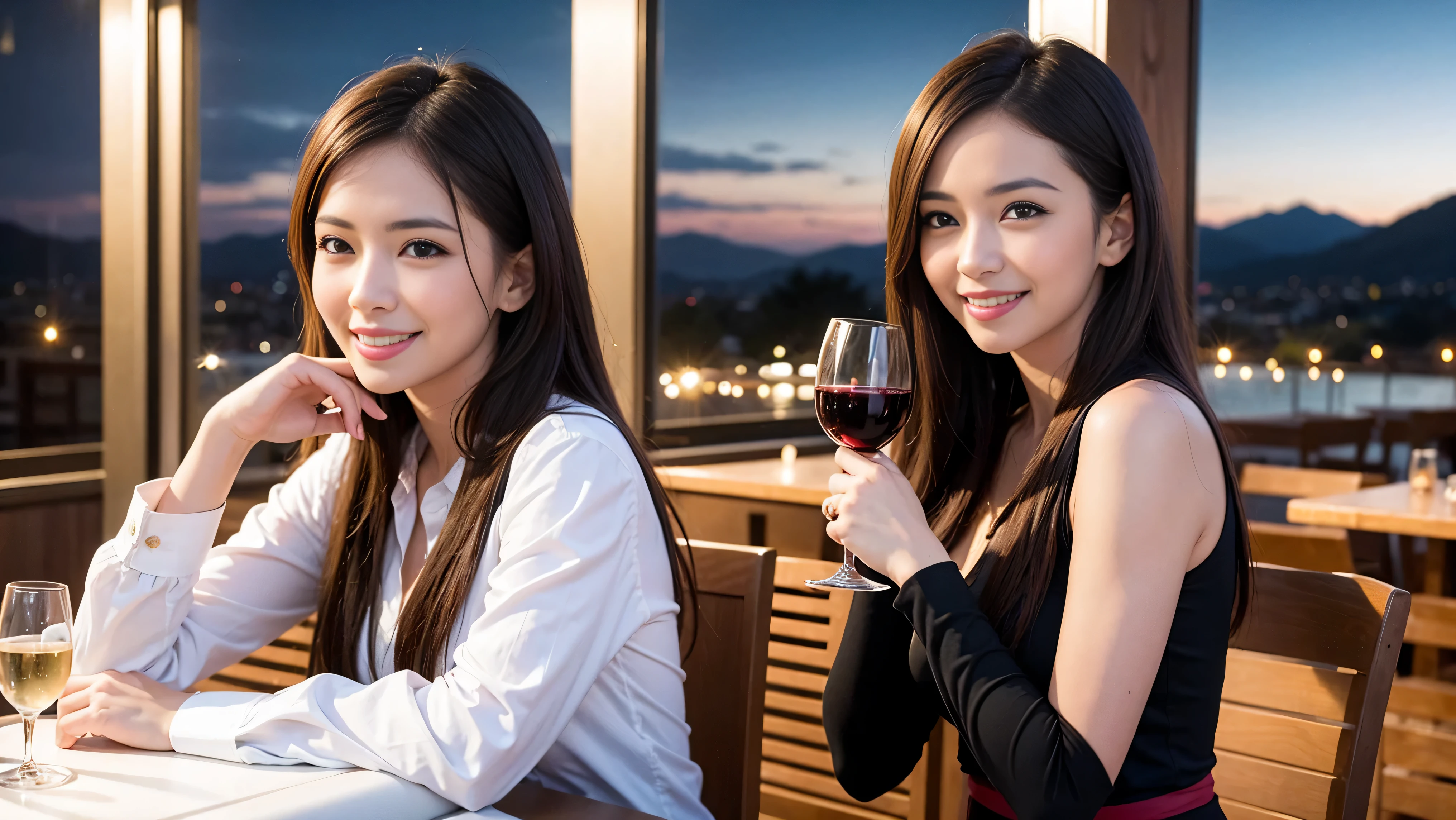 K, UHD, highest quality, masterpiece: 1.2), (realistic, photorealistic: 1.37), Spectacular view of the sunset sky and clouds、Amazing mountain views、A bright smile、3 slim beauties, (slim face),Happy、 the best smile、Fox face、Berry Short、charming beauty witch, (brown hair), (shortcut), long sleeve shirt、winter fashion、Japanese、Dutch、German、Portuguese、Belgian、Italian、French,Champagne、sparkling wine、 (gush out), (slim body), (brown hair), (shortcut), neat beauty、cheeks turn a little red, (43 years old), 39 years old, alone, A beautiful and detailed night view spreads out outside the window...., restaurant, wine glass is sitting, At night, in a prominent place (from the Upper body) nova frog style, actress, model, Upper body, White wine, slim, wine glass, Very beautiful night view, wine glass Put in the Middle, Happy smile, (smile: 1.15), 