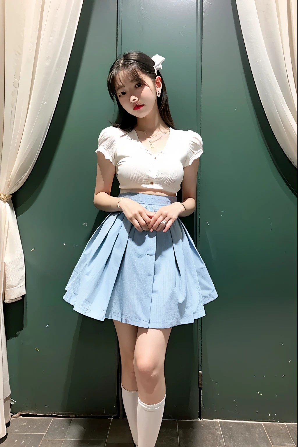 Baby face Skirt flip {??????} Fluttering skirt, Lolita, mid-length skirt, knee-length skirt, girl, skirt pulled up to reveal thighs, Alice in Wonderland