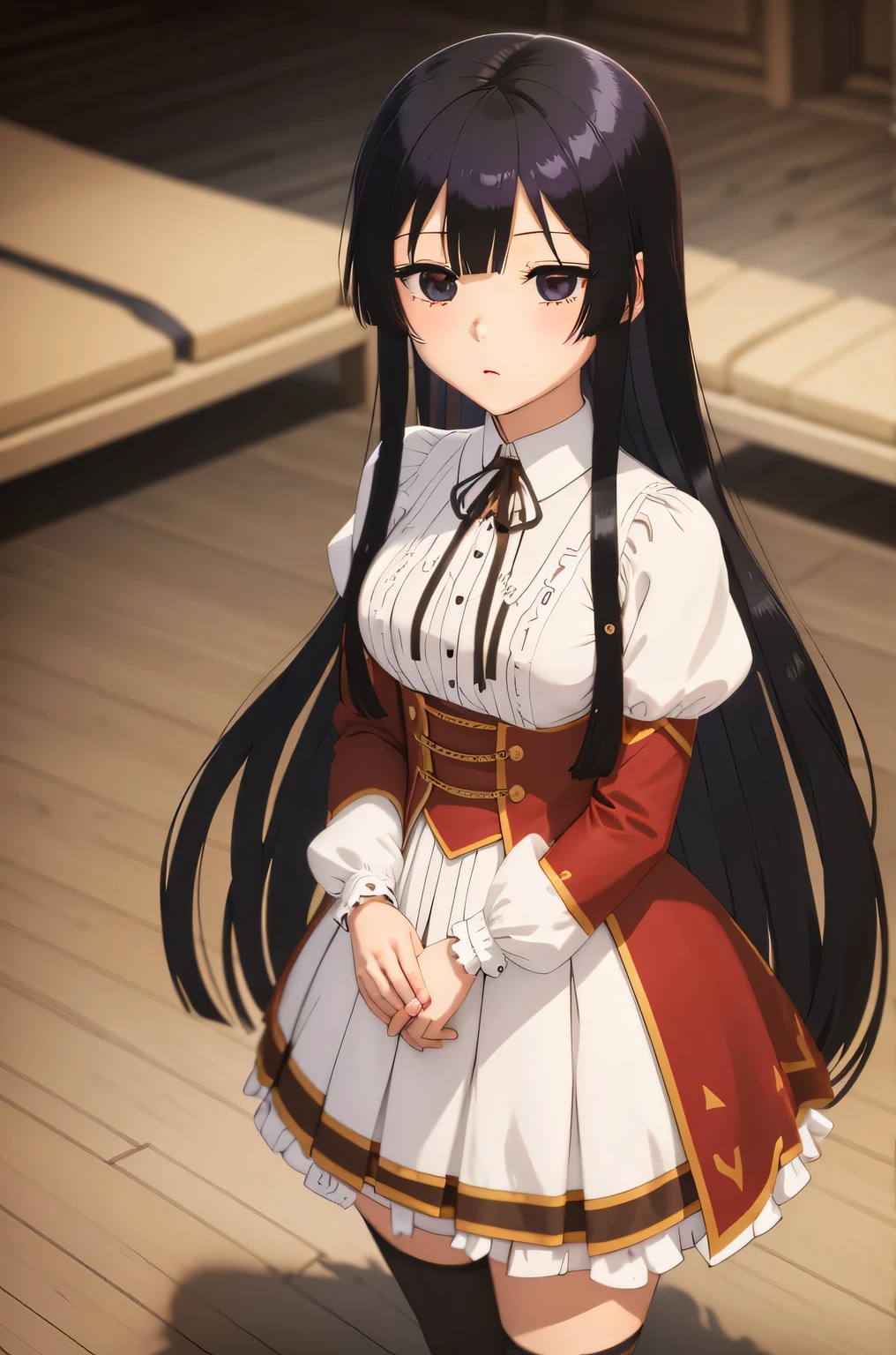 eumi, 1girl, solo, long hair, blunt bangs,bangs, black hair, black eyes, looking at viewer, shirt, long sleeves, ribbon, closed mouth, , white shirt, pleated skirt, frills, puffy sleeves, brown skirt, black thighhighs, red ribbon, neck ribbon, expressionless,
