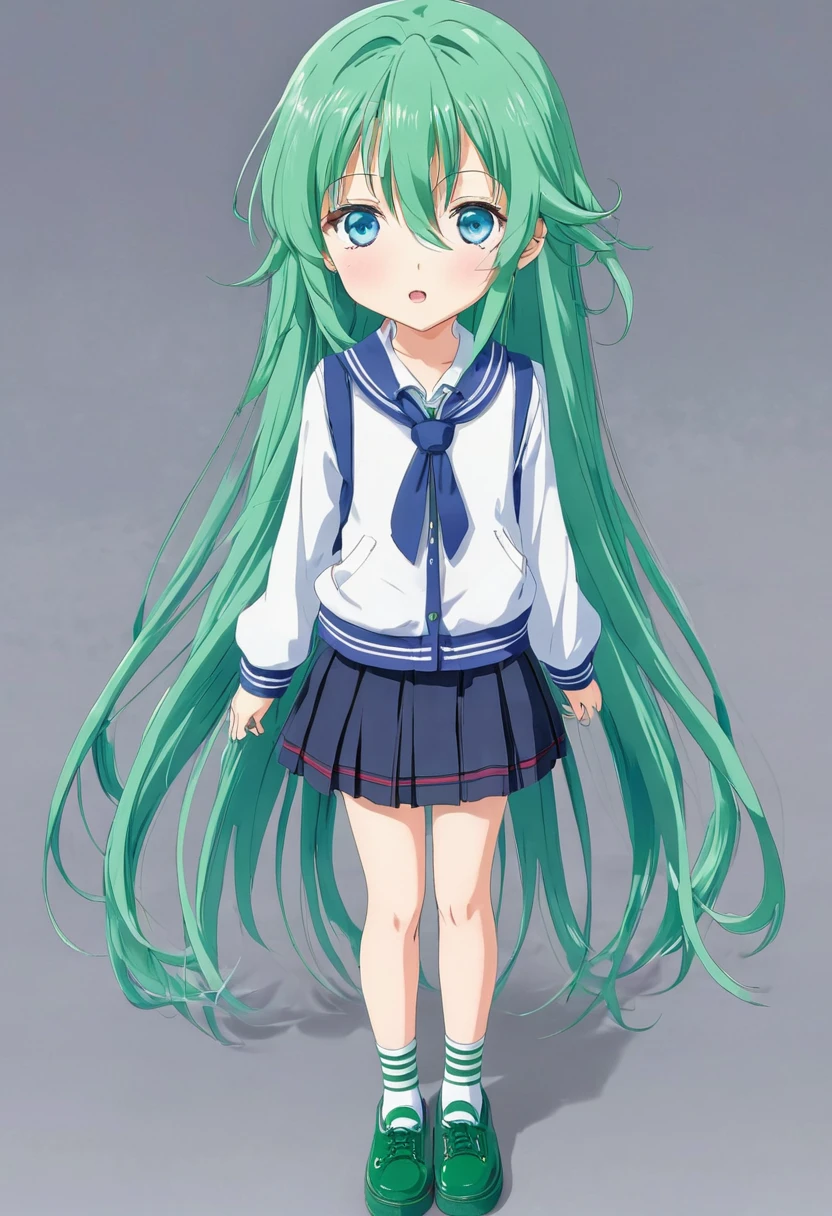 An anime girl named Shizuki Motori has blue eyes, long green hair, school clothes, and school shoes