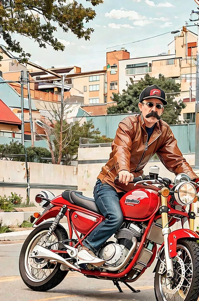 1man with mustache ride motocylce