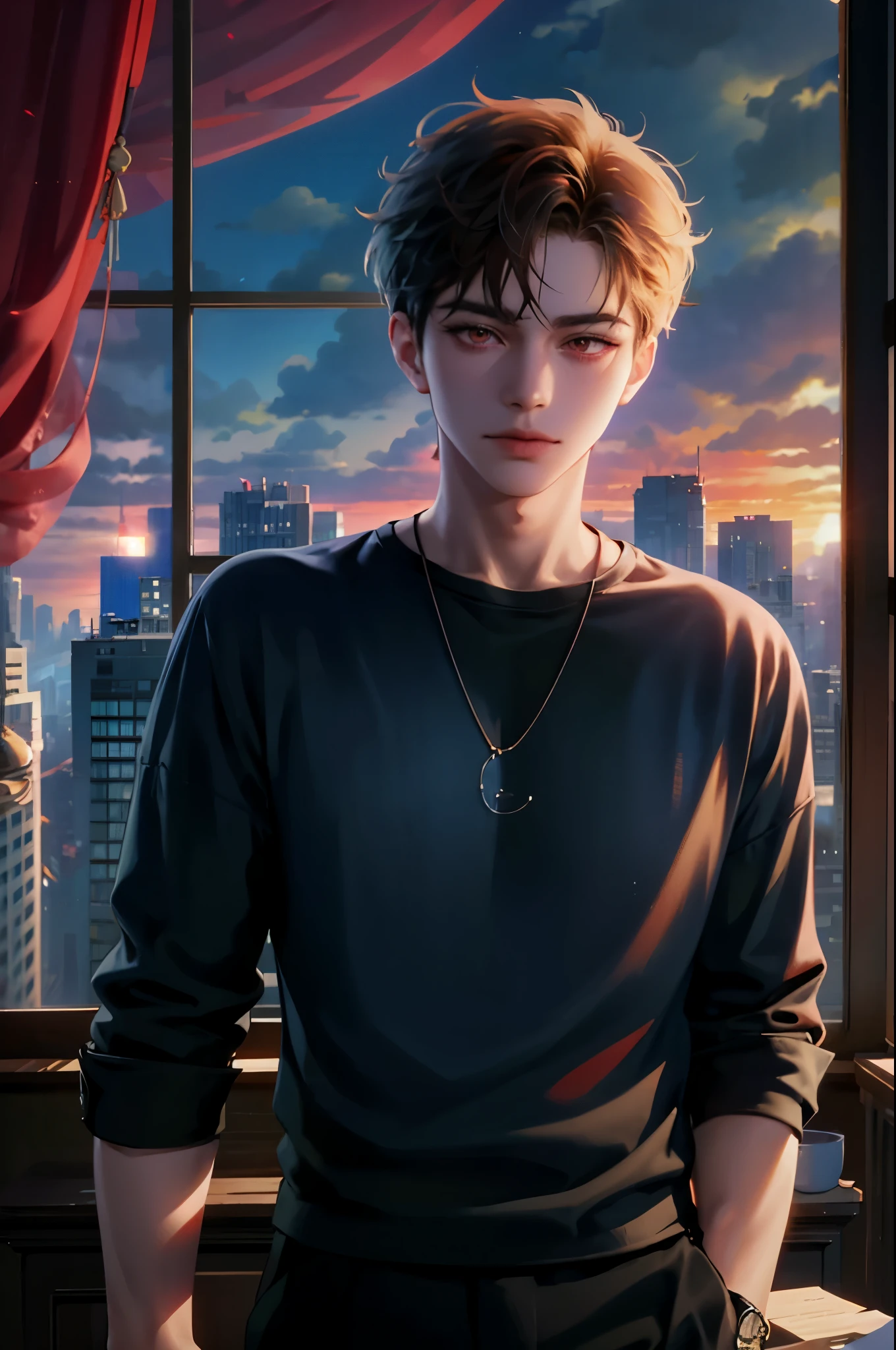 masterpiece, best quality, 1man, adult, male focus, solo, short hair, vibrant red eyes, looking at viewer, closed mouth, Fantasy aesthetics, Highly detailed, casual style clothes, simple outfit office city background , beside the window blue sky, morning lighting