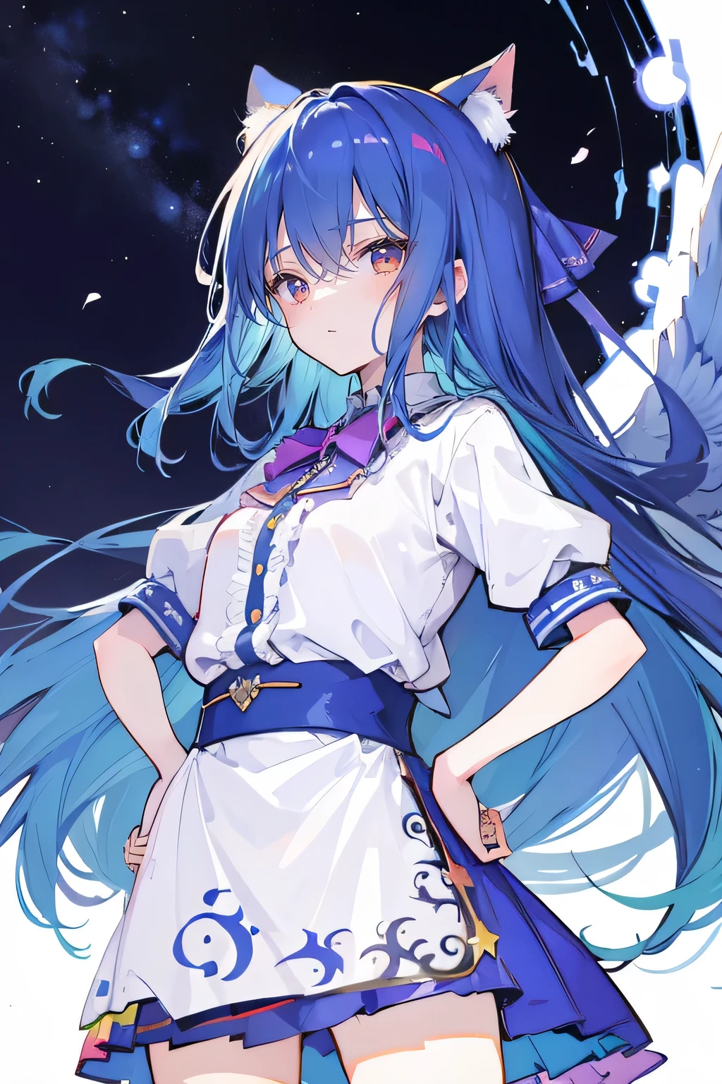 (masterpiece),best quality, expressive eyes, perfect face, 1girl,
Put your hands on your waist,fair, Gorgeous,Japanese cartoons,girl,lola,Hina Angel, blue hair, blue haired, floating clothes,Grab your waist, Grab your waist, hands on hips , hands on hips,flat chest,cat ear,starry sky,Starry sky eyes,