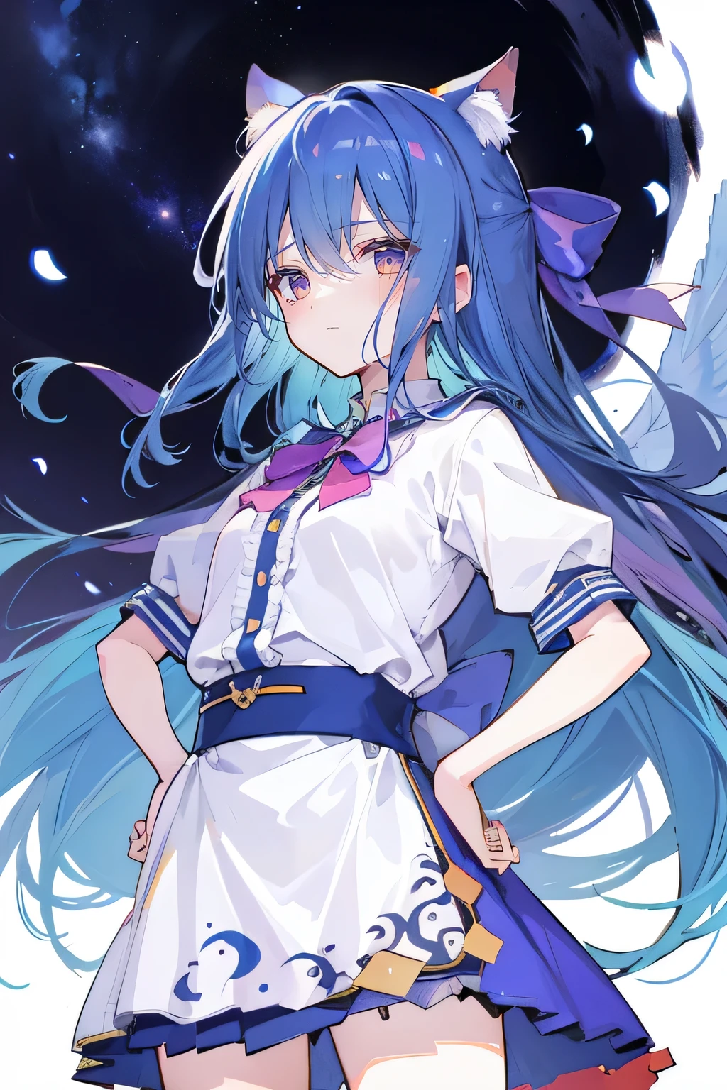 (masterpiece),best quality, expressive eyes, perfect face, 1girl,
 Put your hands on your waist,fair, Gorgeous,Japanese cartoons,girl,lola,Hina Angel, blue hair, blue haired, floating clothes,Grab your waist, Grab your waist, hands on hips , hands on hips,flat chest,cat ear,starry sky,Starry sky eyes,
