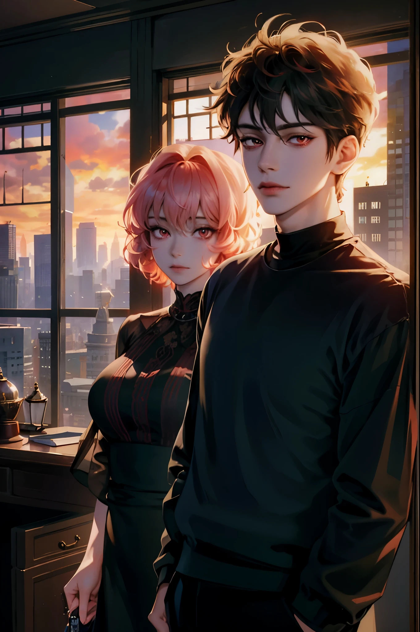 masterpiece, best quality, couple, adult, subject focus, duo, short hair boy, curly hair girl, vibrant red eyes, looking at viewer, closed mouth, cantarella, Fantasy aesthetics, Highly detailed, casual style clothes, simple outfit office city background , beside the window, morning lighting
