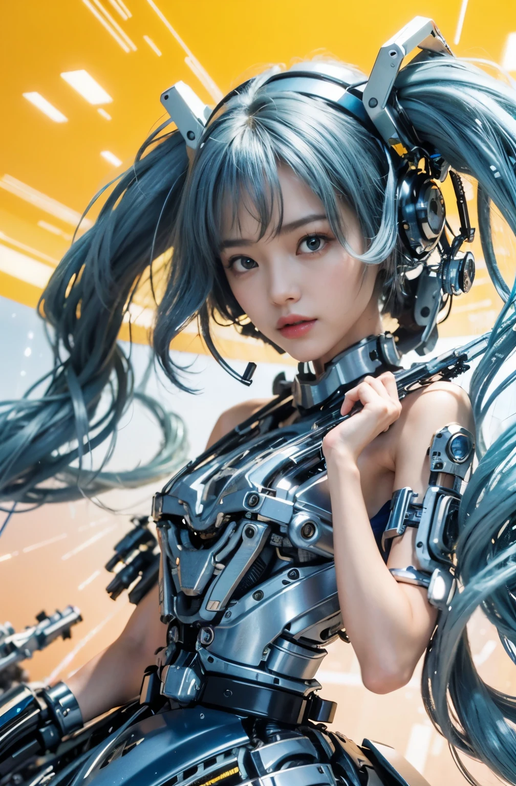 (best quality:1.2), 8k, highres, octan render, (masterpiece), extremely ultra detail, cyborgized Japanese woman, extremely ultra cute face, , skinny body, flat chest, (blue metallic mechanical frame:1.5), (Power cables connected throughout the body), detaile up, Instead of hair, there are cables growing out of it, mechanical fusion, mechanical skeleton, bio mechanics, mechanical life-form, highly intricate detail, extremely ultra real texture, human-like skin, realistic hair, ultra realistic details, professional lighting, (realistic:1.4), (RAW photo:1.2), (photorealistic:1.5)